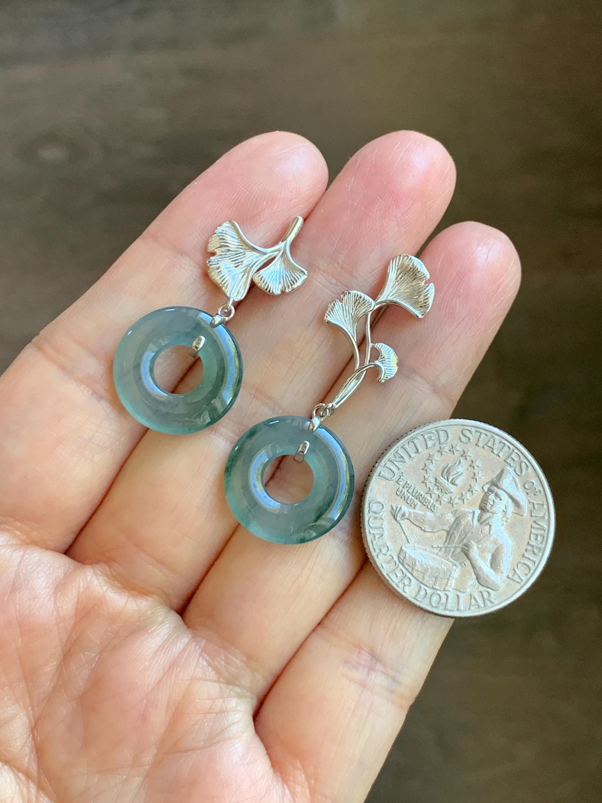 Natural Guatemalan Icy Translucent Light Teal Green Marbled Jadeite Ping An Kou Donut Stud Earrings Sterling Silver 天然冰危蓝绿翡翠平安扣银杏叶耳钉 WYX110A