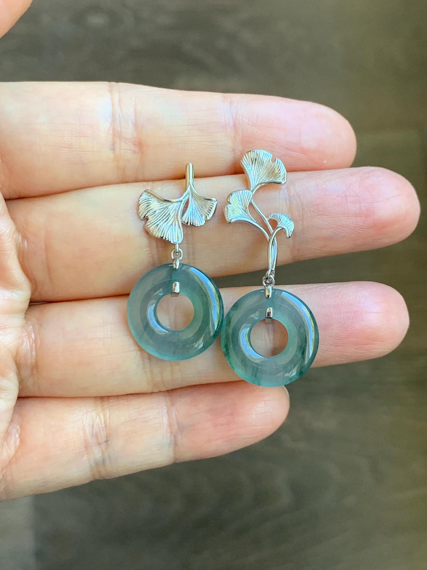 Natural Guatemalan Icy Translucent Light Teal Green Marbled Jadeite Ping An Kou Donut Stud Earrings Sterling Silver 天然冰危蓝绿翡翠平安扣银杏叶耳钉 WYX110A