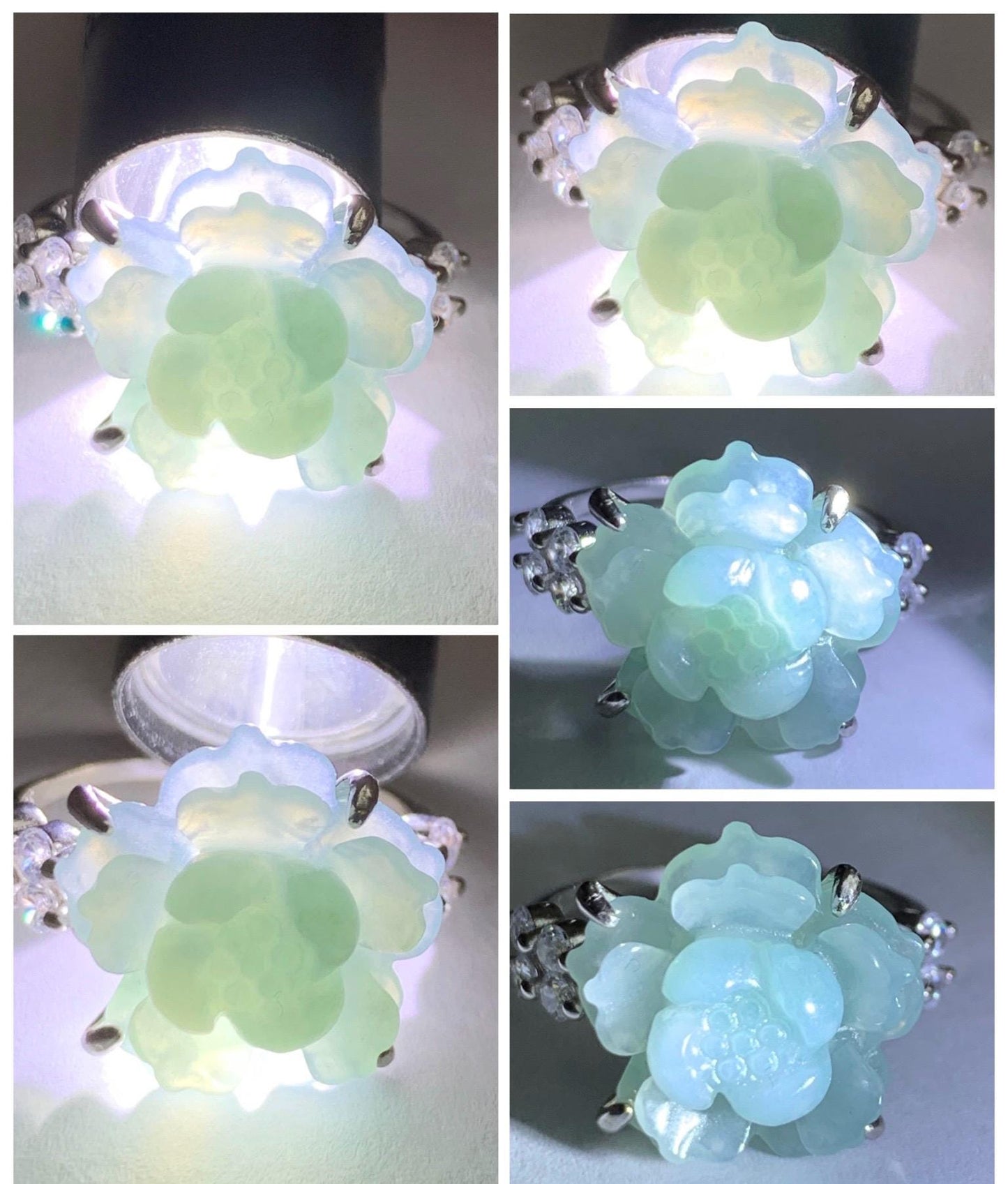 Natural Grade A Guatemalan Icy Light Dusty Blue Jade Jadeite Lotus Flower Ring Sterling Silver Size Adjustable 4g 天然冰危浅蓝翡翠莲花戒指 WLY132J