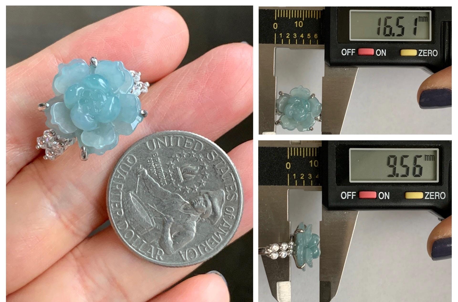 Natural Grade A Guatemalan Icy Light Dusty Blue Jade Jadeite Lotus Flower Ring Sterling Silver Size Adjustable 4g 天然冰危浅蓝翡翠莲花戒指 WLY132J