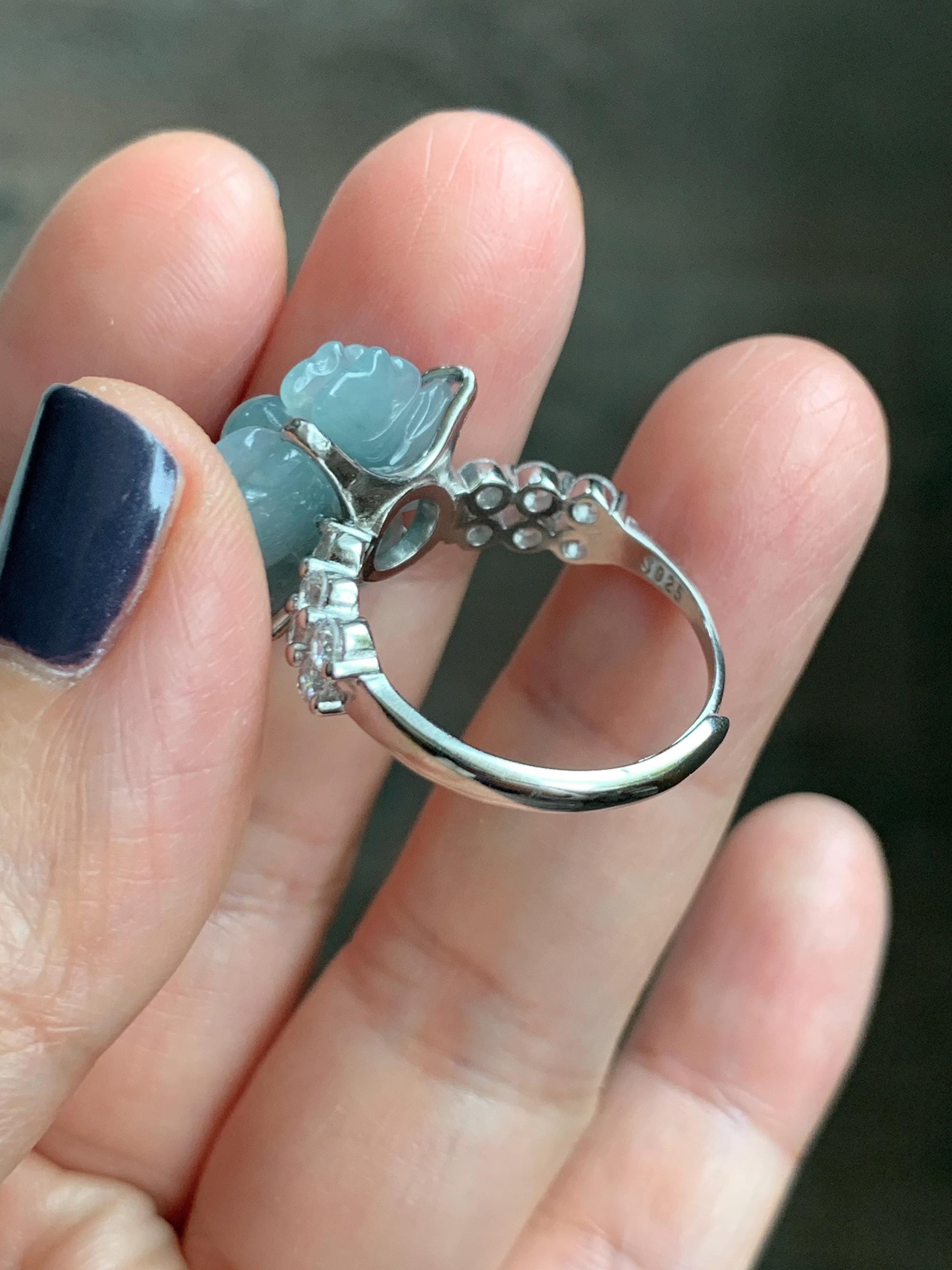 Natural Grade A Guatemalan Icy Light Dusty Blue Jade Jadeite Lotus Flower Ring Sterling Silver Size Adjustable 4g 天然冰危浅蓝翡翠莲花戒指 WLY132J