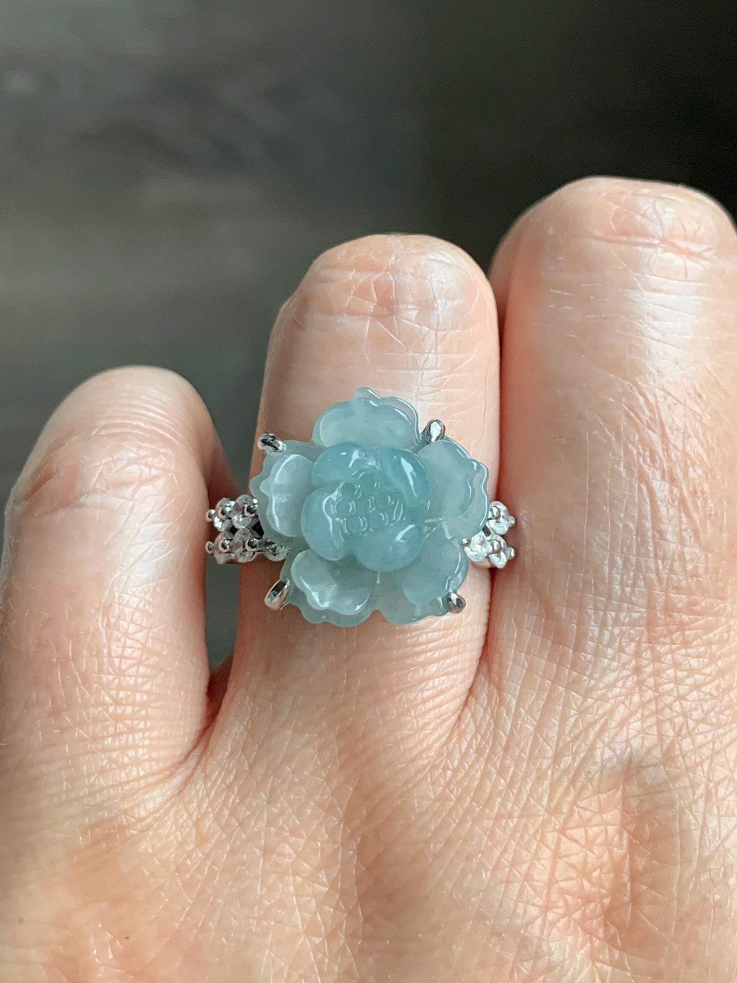 Natural Grade A Guatemalan Icy Light Dusty Blue Jade Jadeite Lotus Flower Ring Sterling Silver Size Adjustable 4g 天然冰危浅蓝翡翠莲花戒指 WLY132J