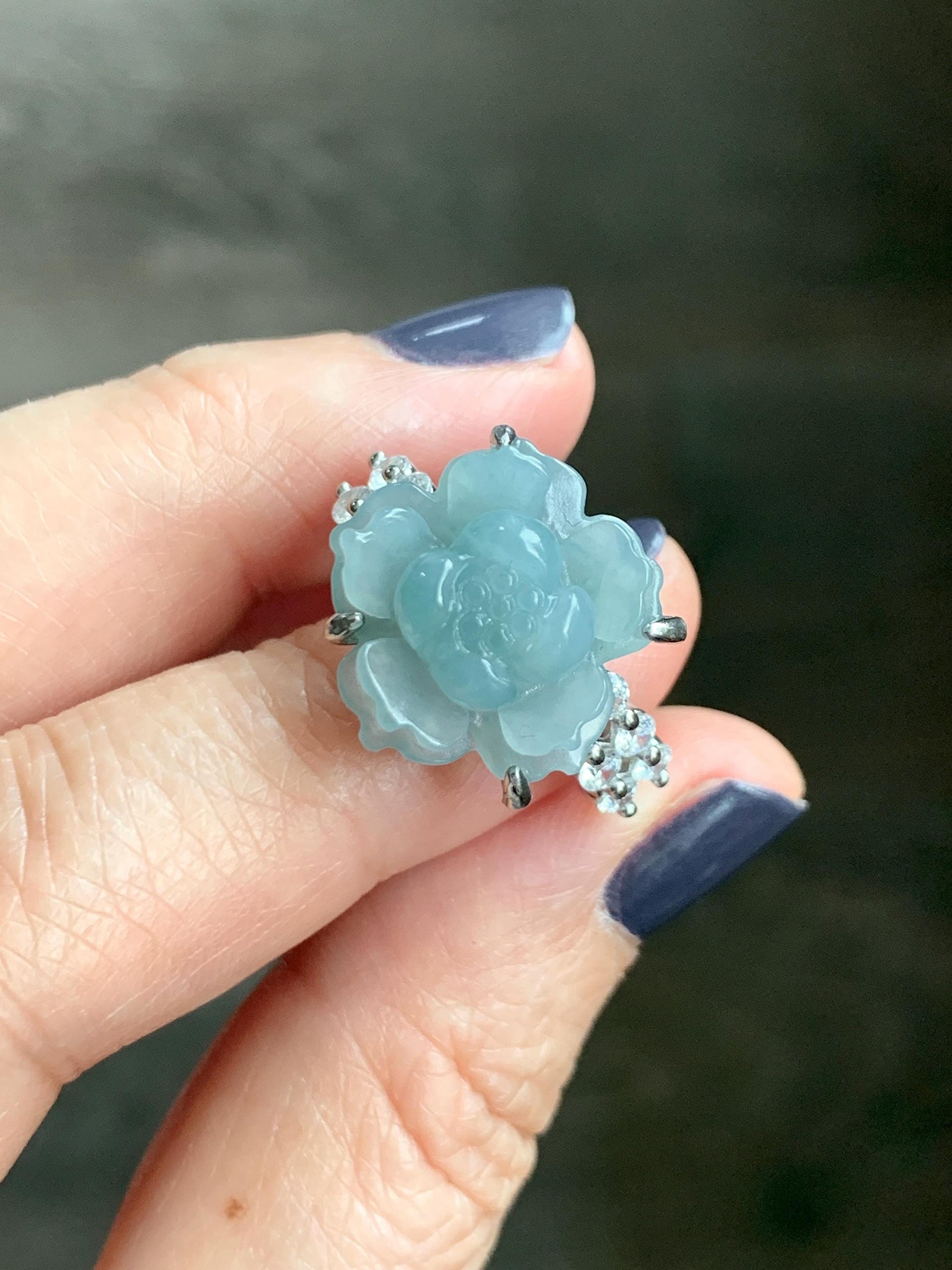 Natural Grade A Guatemalan Icy Light Dusty Blue Jade Jadeite Lotus Flower Ring Sterling Silver Size Adjustable 4g 天然冰危浅蓝翡翠莲花戒指 WLY132J