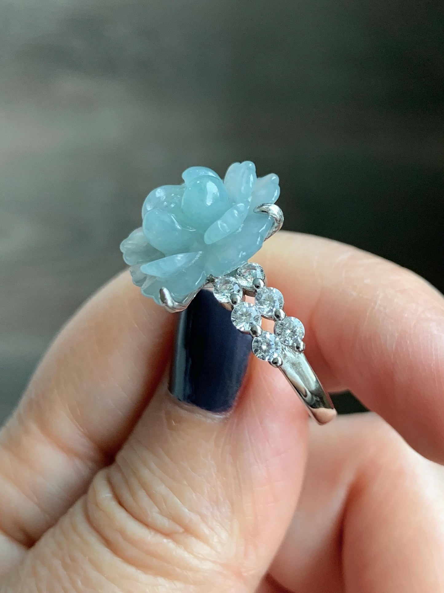 Natural Grade A Guatemalan Icy Light Dusty Blue Jade Jadeite Lotus Flower Ring Sterling Silver Size Adjustable 4g 天然冰危浅蓝翡翠莲花戒指 WLY132J