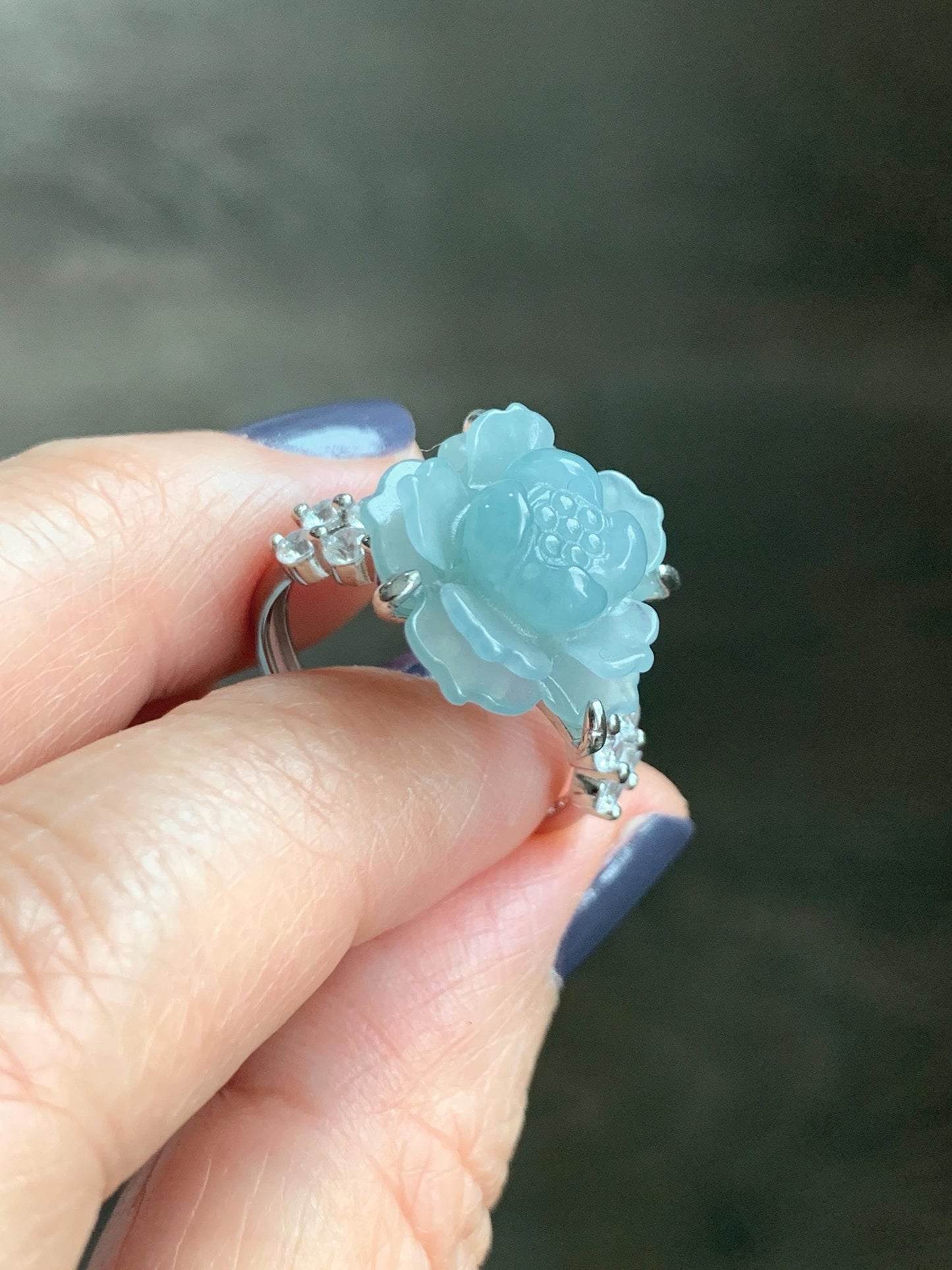 Natural Grade A Guatemalan Icy Light Dusty Blue Jade Jadeite Lotus Flower Ring Sterling Silver Size Adjustable 4g 天然冰危浅蓝翡翠莲花戒指 WLY132J