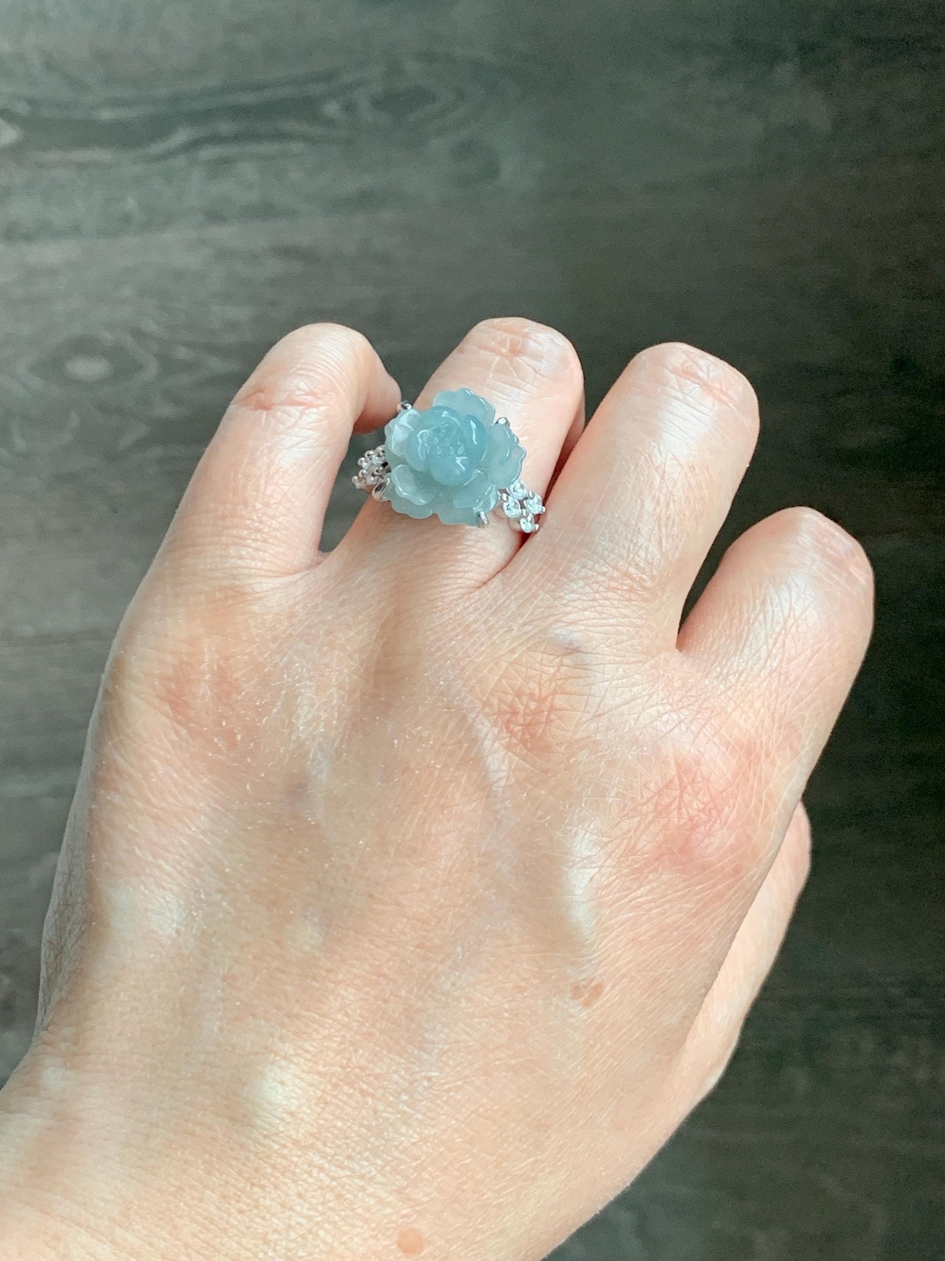 Natural Grade A Guatemalan Icy Light Dusty Blue Jade Jadeite Lotus Flower Ring Sterling Silver Size Adjustable 4g 天然冰危浅蓝翡翠莲花戒指 WLY132J