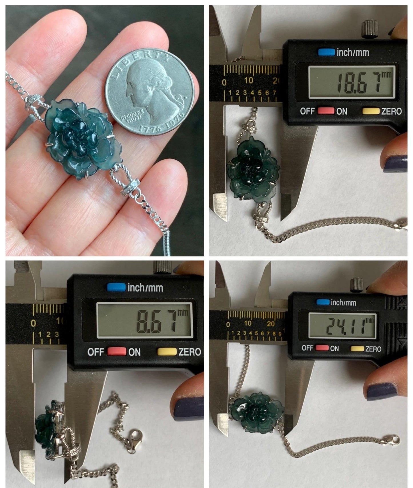 Natural Grade A Guatemalan Icy Dark Teal Blue Jade Jadeite Lotus Flower Chain Bracelet Sterling Silver 6.5”-7.5” 5g 天然冰危深蓝翡翠莲花银手链 WLY185A