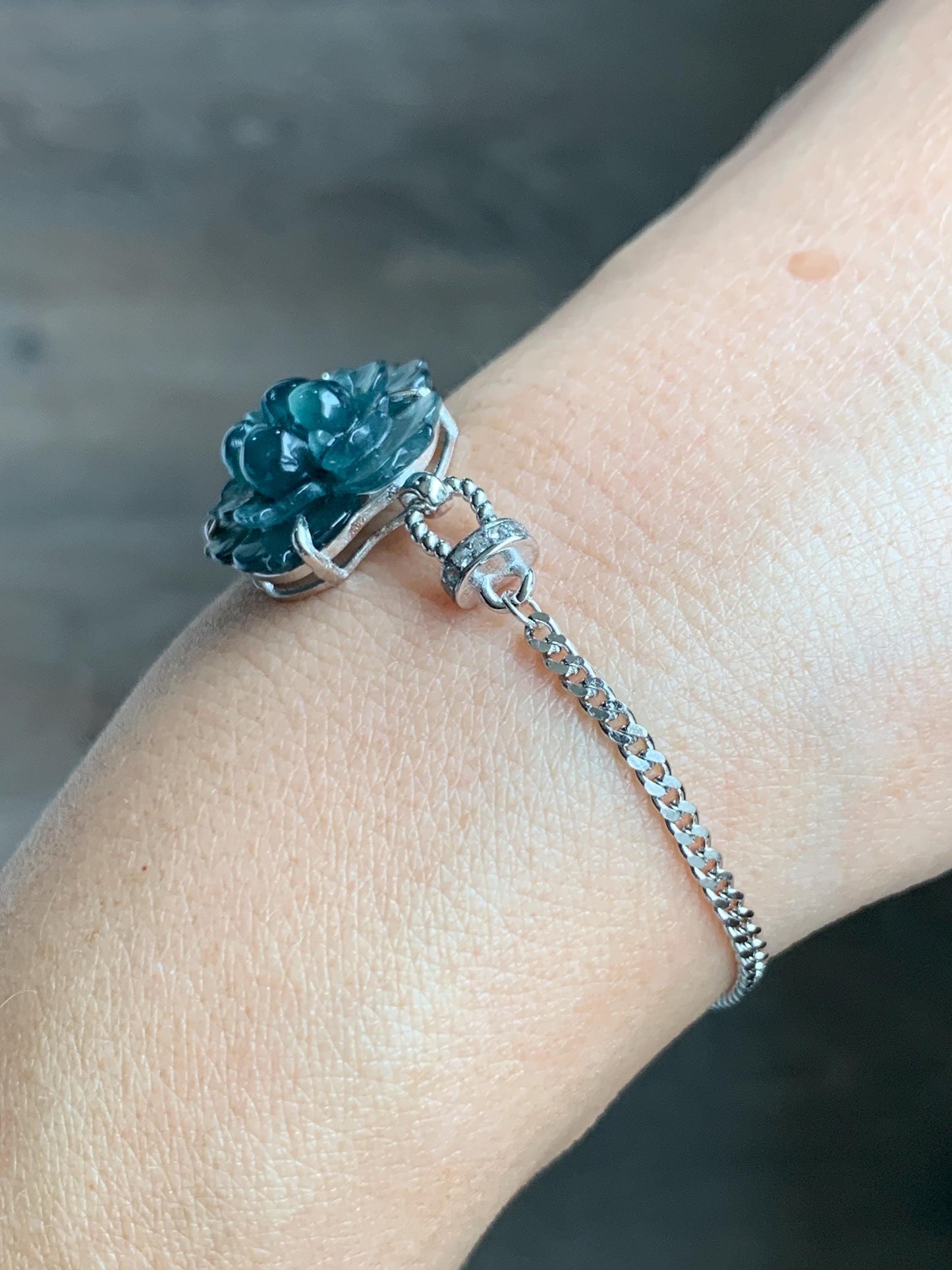 Natural Grade A Guatemalan Icy Dark Teal Blue Jade Jadeite Lotus Flower Chain Bracelet Sterling Silver 6.5”-7.5” 5g 天然冰危深蓝翡翠莲花银手链 WLY185A