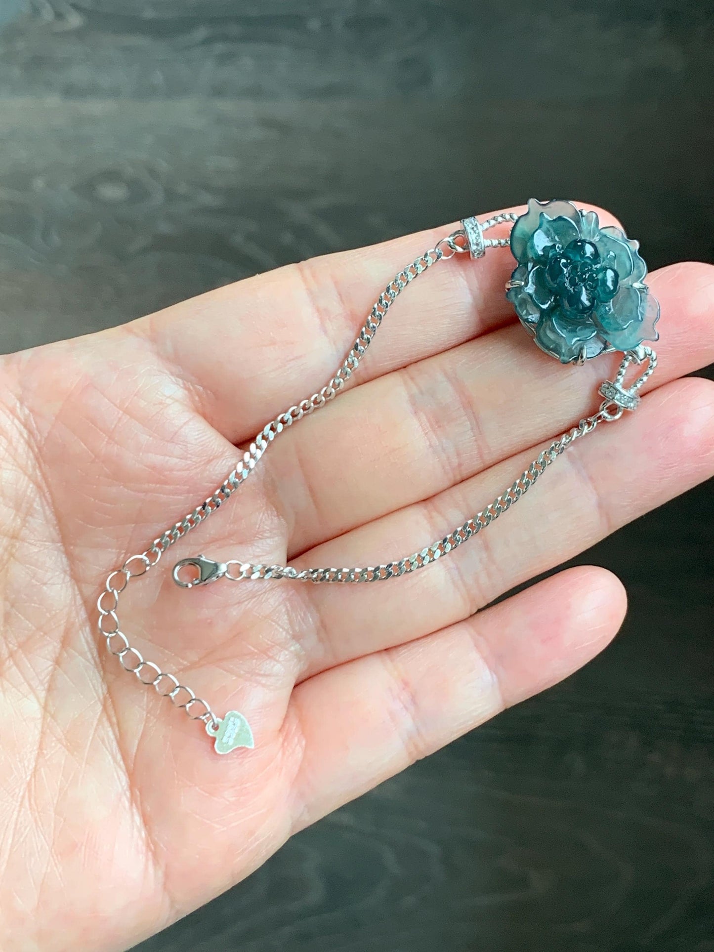Natural Grade A Guatemalan Icy Dark Teal Blue Jade Jadeite Lotus Flower Chain Bracelet Sterling Silver 6.5”-7.5” 5g 天然冰危深蓝翡翠莲花银手链 WLY185A