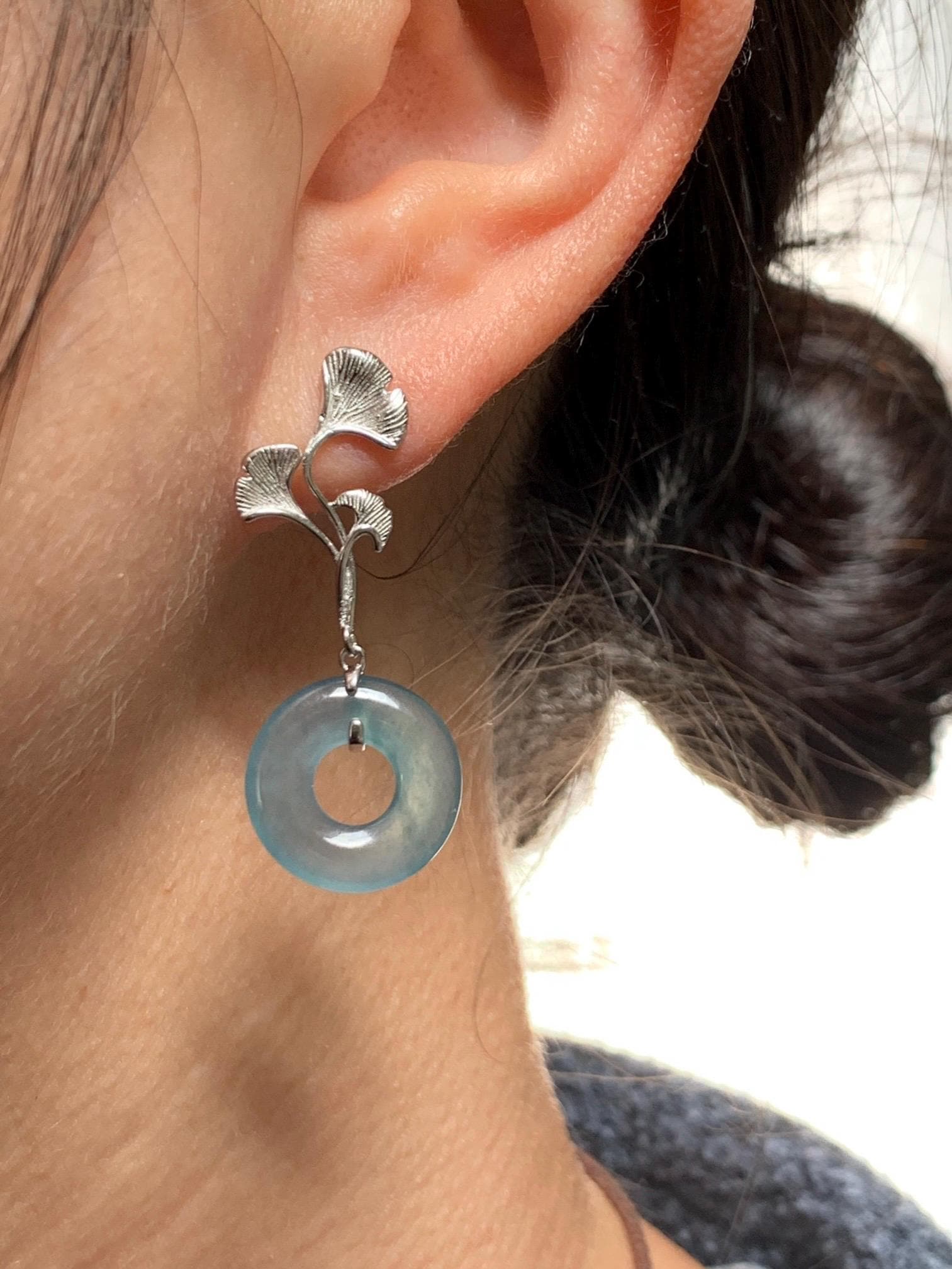 Natural Guatemalan Icy Translucent Light Teal Blue Jadeite Ping An Kou Donut Stud Earrings Sterling Silver 天然冰危蓝绿翡翠平安扣银杏叶耳钉 WYX110B