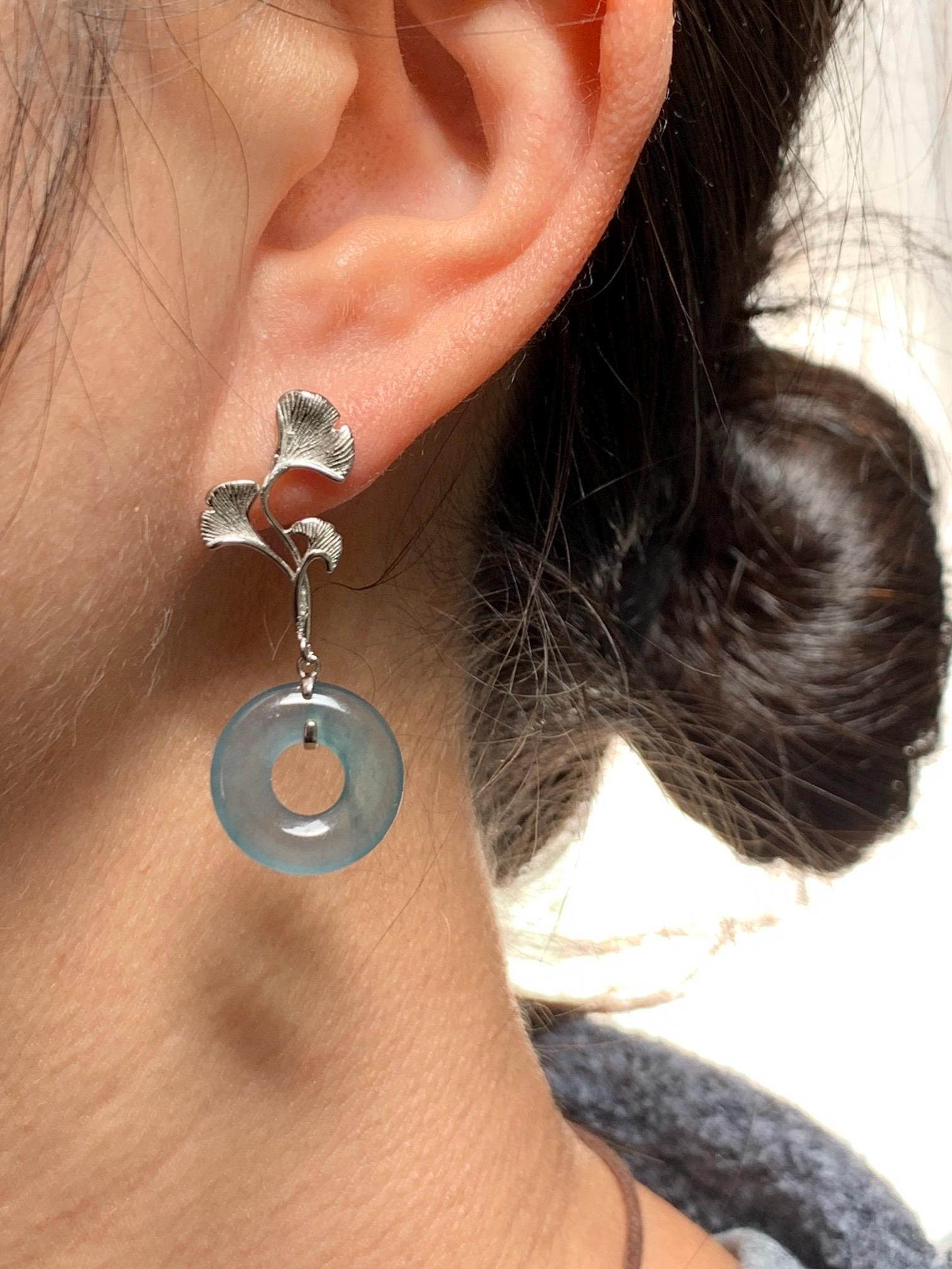 Natural Guatemalan Icy Translucent Light Teal Blue Jadeite Ping An Kou Donut Stud Earrings Sterling Silver 天然冰危蓝绿翡翠平安扣银杏叶耳钉 WYX110B
