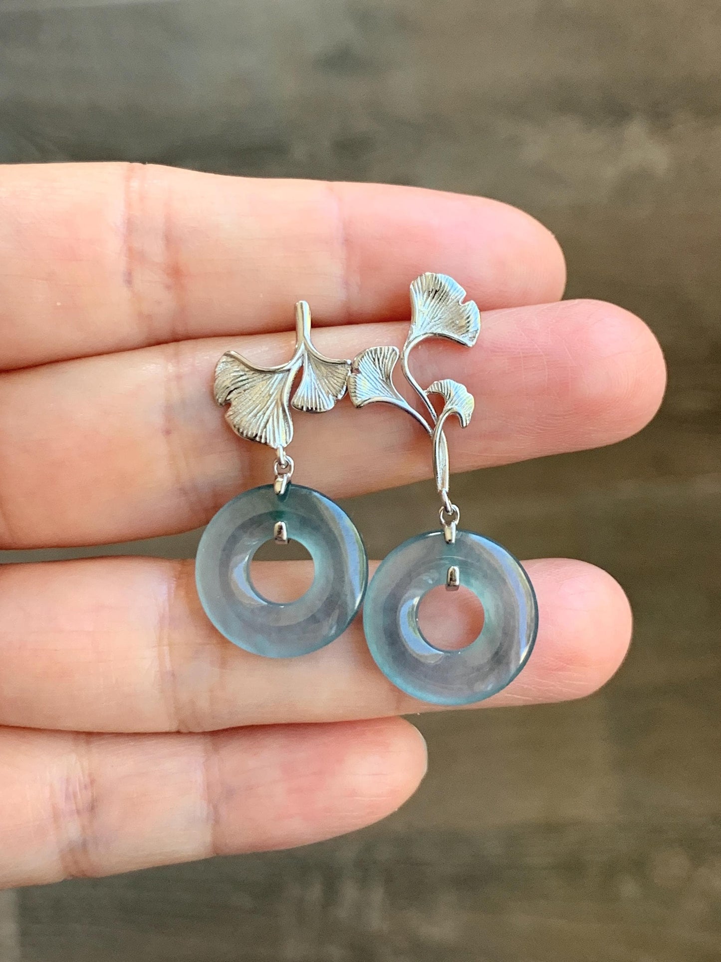 Natural Guatemalan Icy Translucent Light Teal Blue Jadeite Ping An Kou Donut Stud Earrings Sterling Silver 天然冰危蓝绿翡翠平安扣银杏叶耳钉 WYX110B