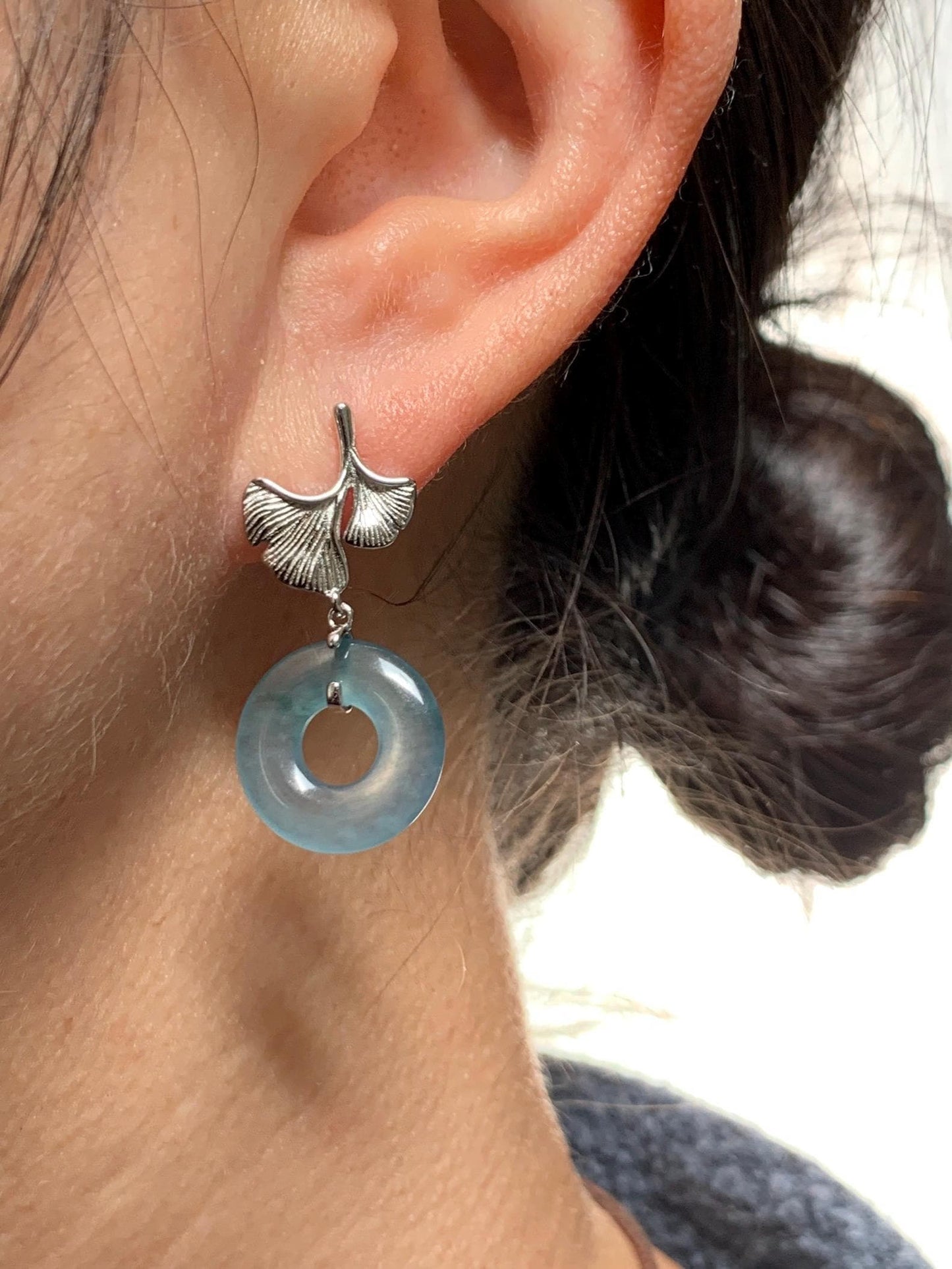 Natural Guatemalan Icy Translucent Light Teal Blue Jadeite Ping An Kou Donut Stud Earrings Sterling Silver 天然冰危蓝绿翡翠平安扣银杏叶耳钉 WYX110B