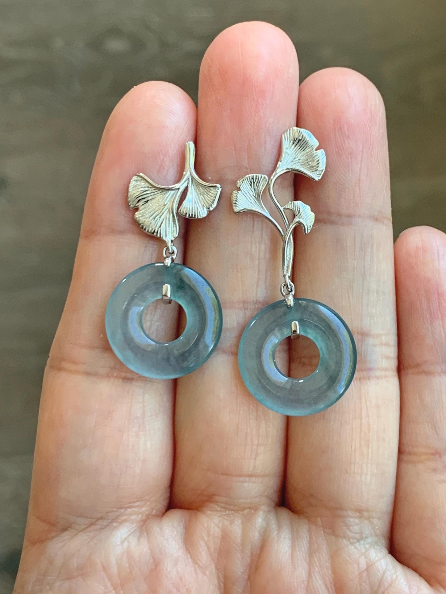 Natural Guatemalan Icy Translucent Light Teal Blue Jadeite Ping An Kou Donut Stud Earrings Sterling Silver 天然冰危蓝绿翡翠平安扣银杏叶耳钉 WYX110B