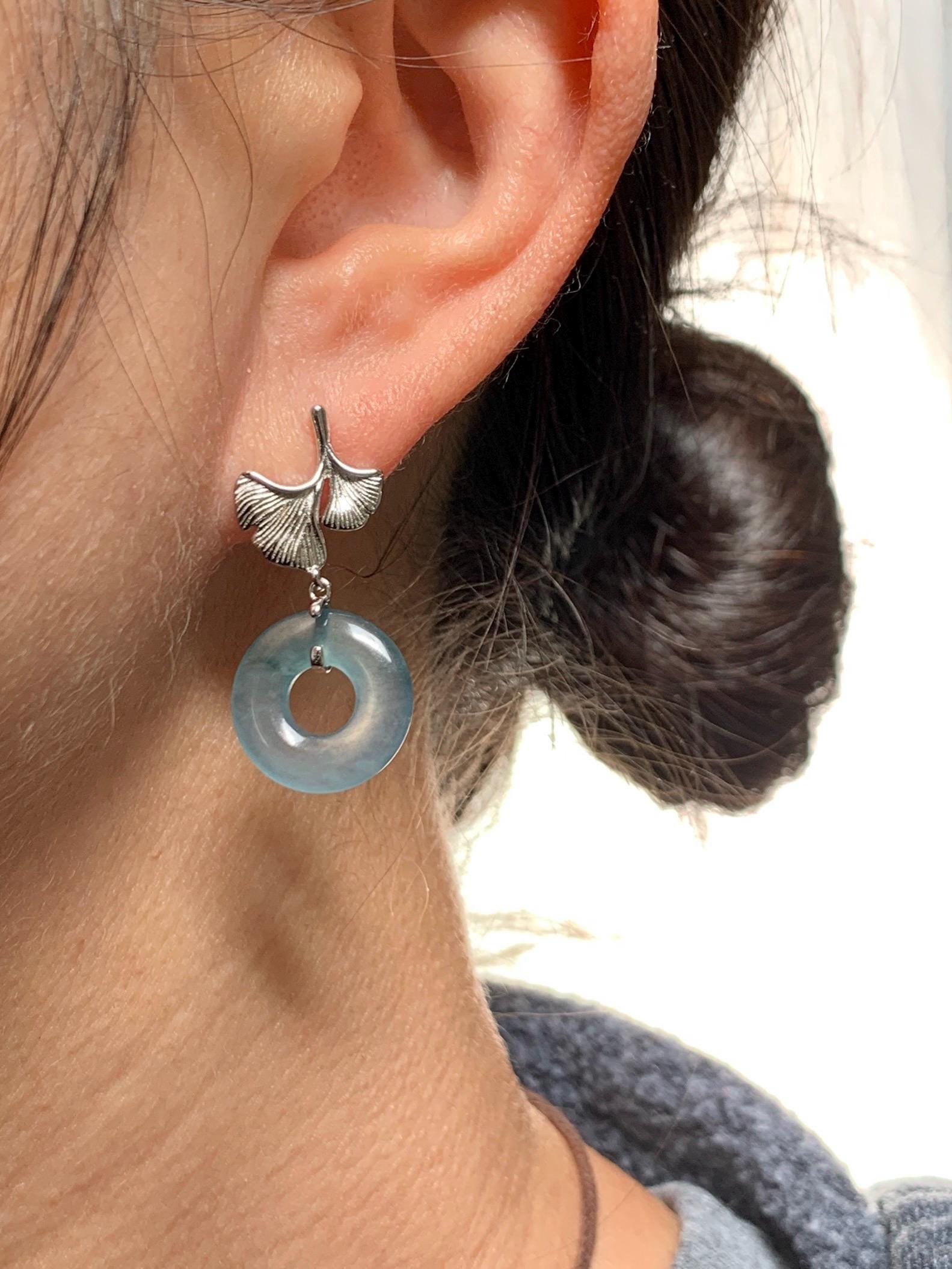 Natural Guatemalan Icy Translucent Light Teal Blue Jadeite Ping An Kou Donut Stud Earrings Sterling Silver 天然冰危蓝绿翡翠平安扣银杏叶耳钉 WYX110B