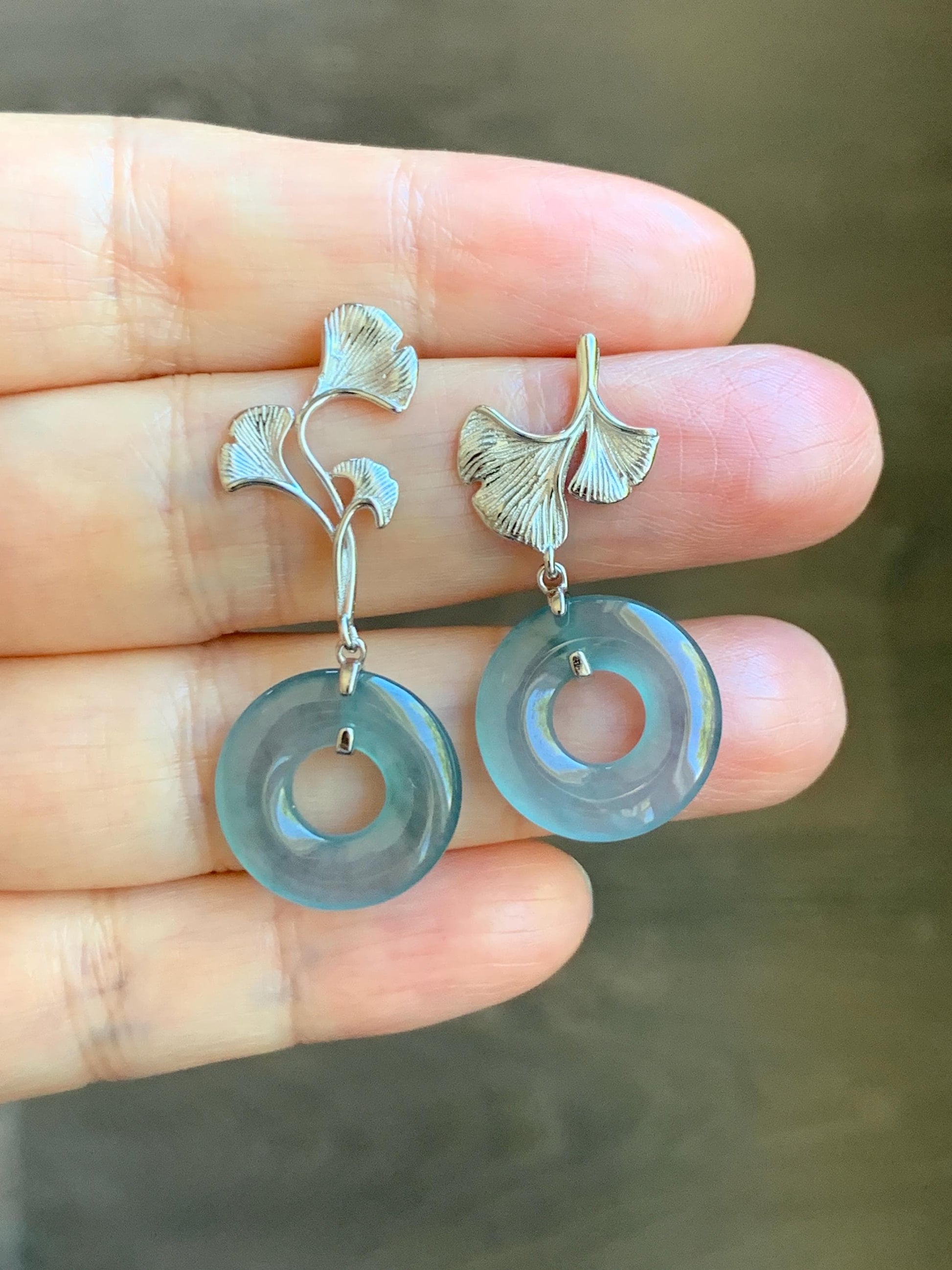Natural Guatemalan Icy Translucent Light Teal Blue Jadeite Ping An Kou Donut Stud Earrings Sterling Silver 天然冰危蓝绿翡翠平安扣银杏叶耳钉 WYX110B