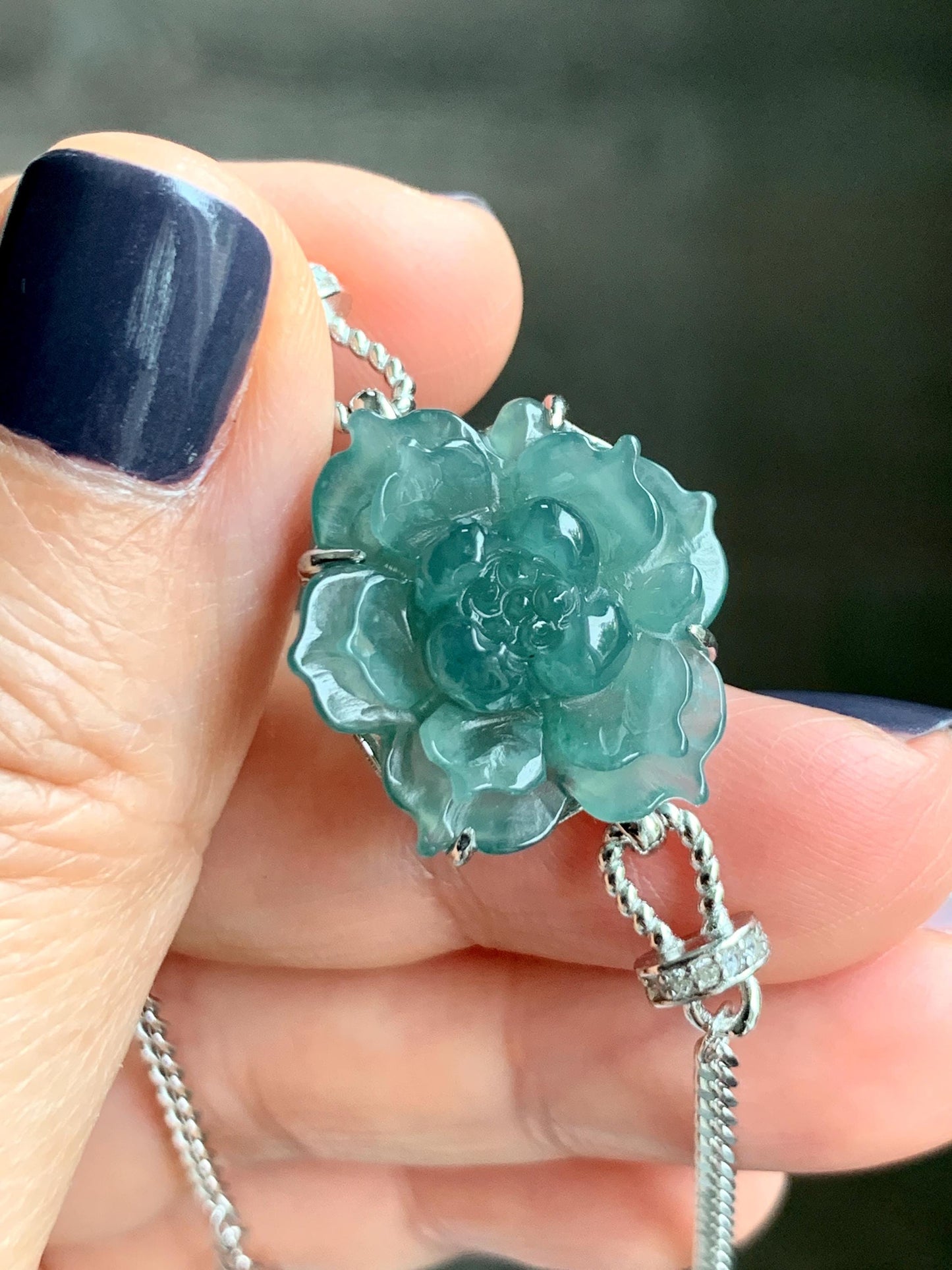 Natural Grade A Guatemalan Icy Dusty Teal Green Jade Jadeite Lotus Flower Chain Bracelet Sterling Silver 6.5”-7.5” 5g 天然冰危深蓝绿翡翠莲花银手链 WLY185B
