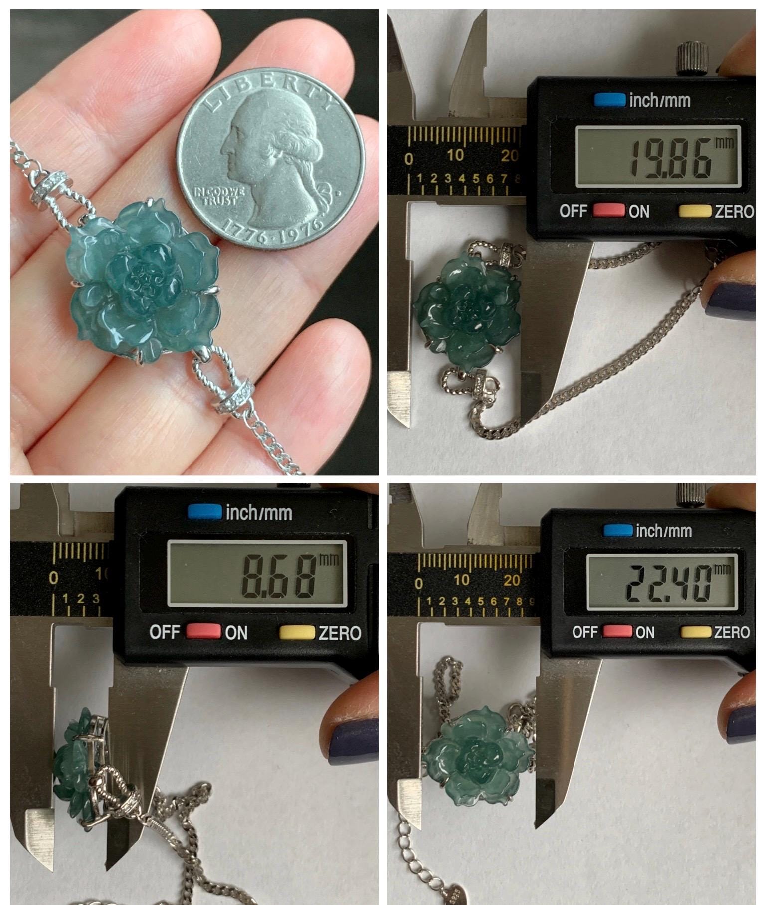 Natural Grade A Guatemalan Icy Dusty Teal Green Jade Jadeite Lotus Flower Chain Bracelet Sterling Silver 6.5”-7.5” 5g 天然冰危深蓝绿翡翠莲花银手链 WLY185B