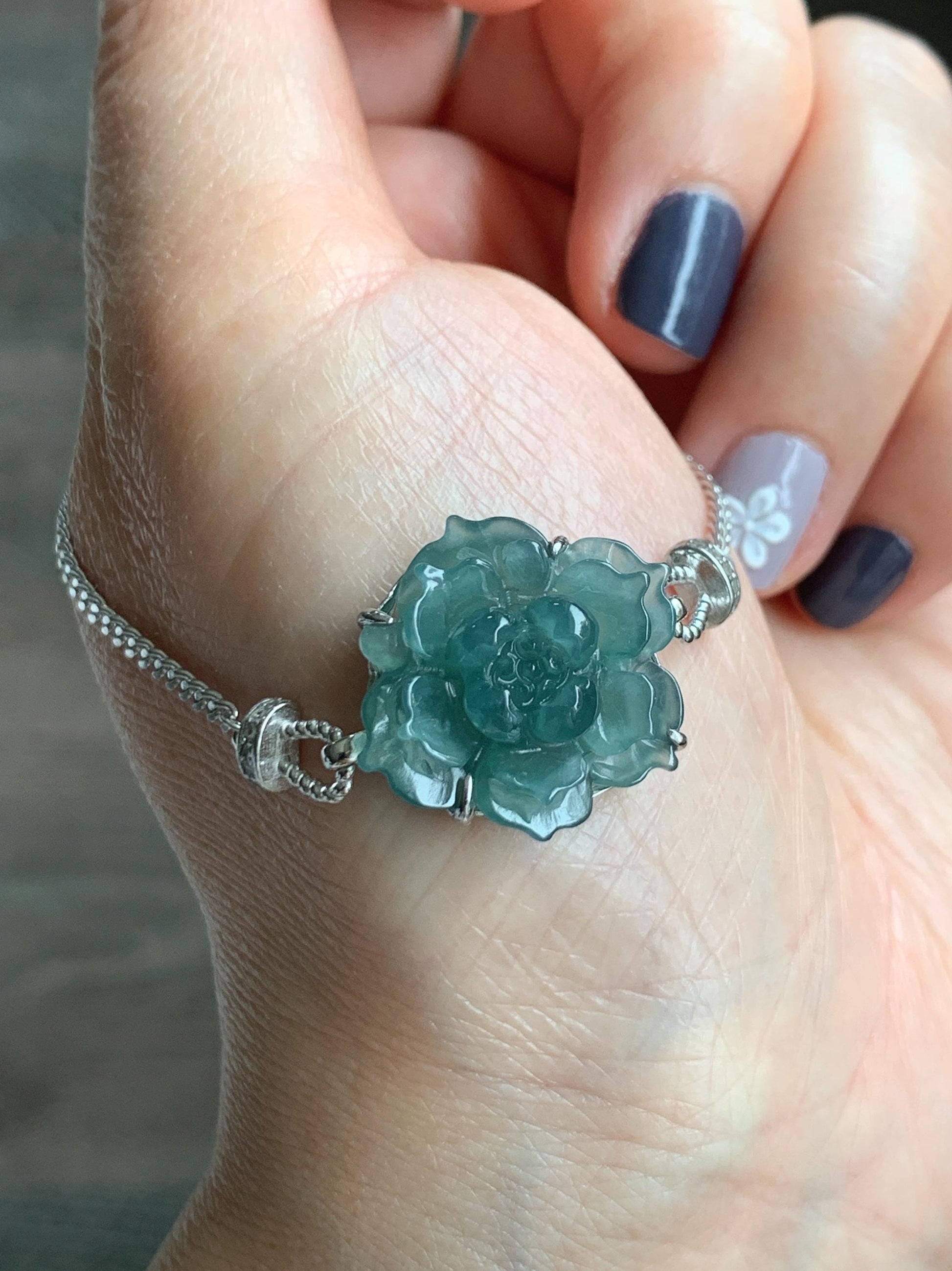 Natural Grade A Guatemalan Icy Dusty Teal Green Jade Jadeite Lotus Flower Chain Bracelet Sterling Silver 6.5”-7.5” 5g 天然冰危深蓝绿翡翠莲花银手链 WLY185B