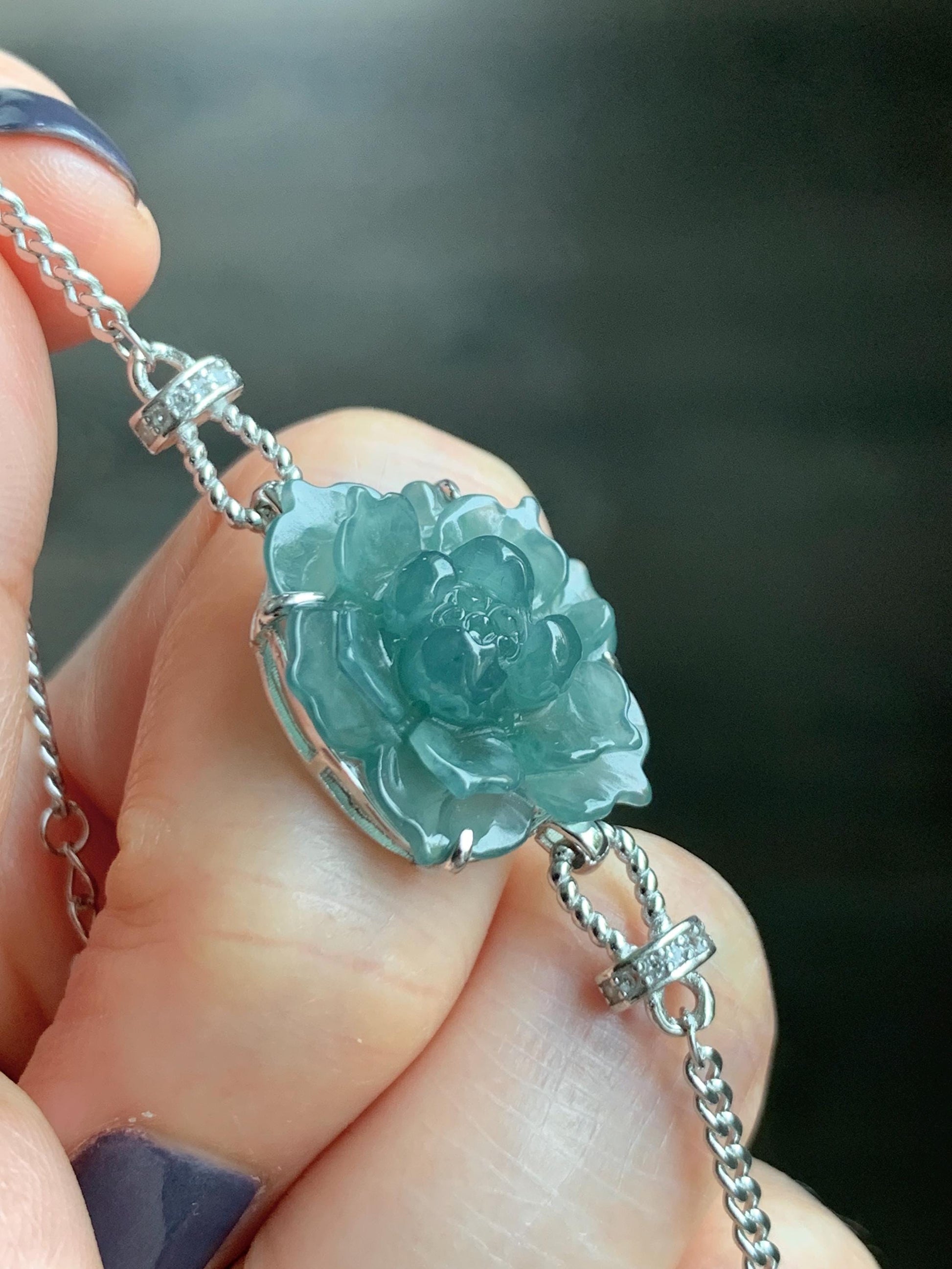 Natural Grade A Guatemalan Icy Dusty Teal Green Jade Jadeite Lotus Flower Chain Bracelet Sterling Silver 6.5”-7.5” 5g 天然冰危深蓝绿翡翠莲花银手链 WLY185B