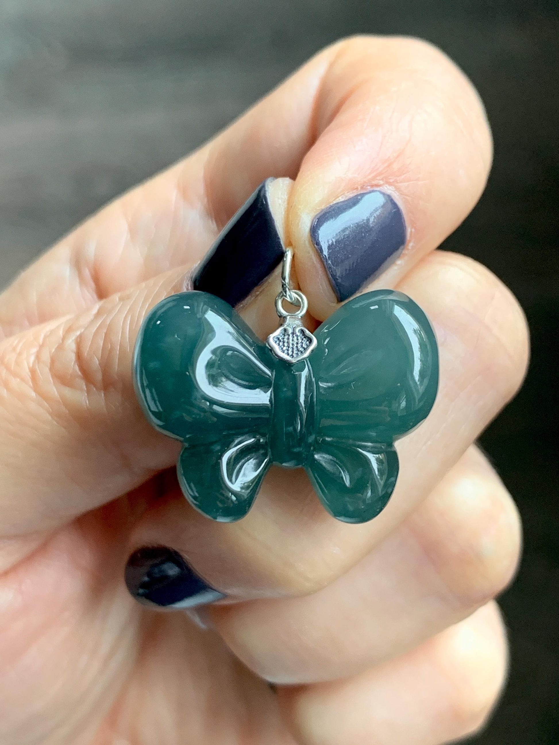 Natural Grade A Guatemalan Icy Translucent Dark Teal Blue Jade Jadeite Puffy Bow Pendant Sterling Silver 8g 天然冰危深蓝翡翠蝴蝶结吊坠 WHD220A