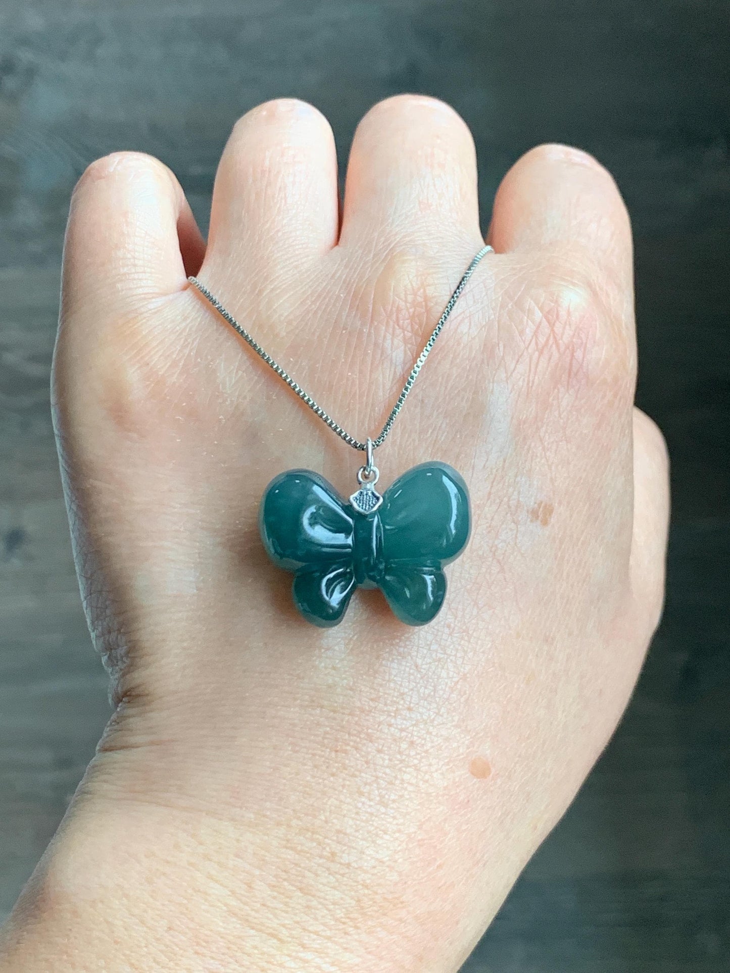 Natural Grade A Guatemalan Icy Translucent Dark Teal Blue Jade Jadeite Puffy Bow Pendant Sterling Silver 8g 天然冰危深蓝翡翠蝴蝶结吊坠 WHD220A