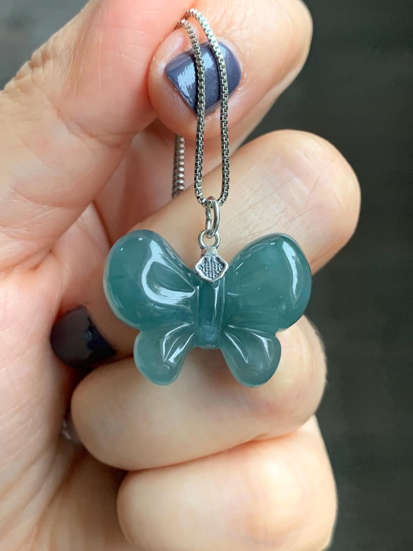 Natural Grade A Guatemalan Icy Translucent Dark Teal Blue Jade Jadeite Puffy Bow Pendant Sterling Silver 6g 天然冰危深蓝翡翠蝴蝶结吊坠 WHD220B