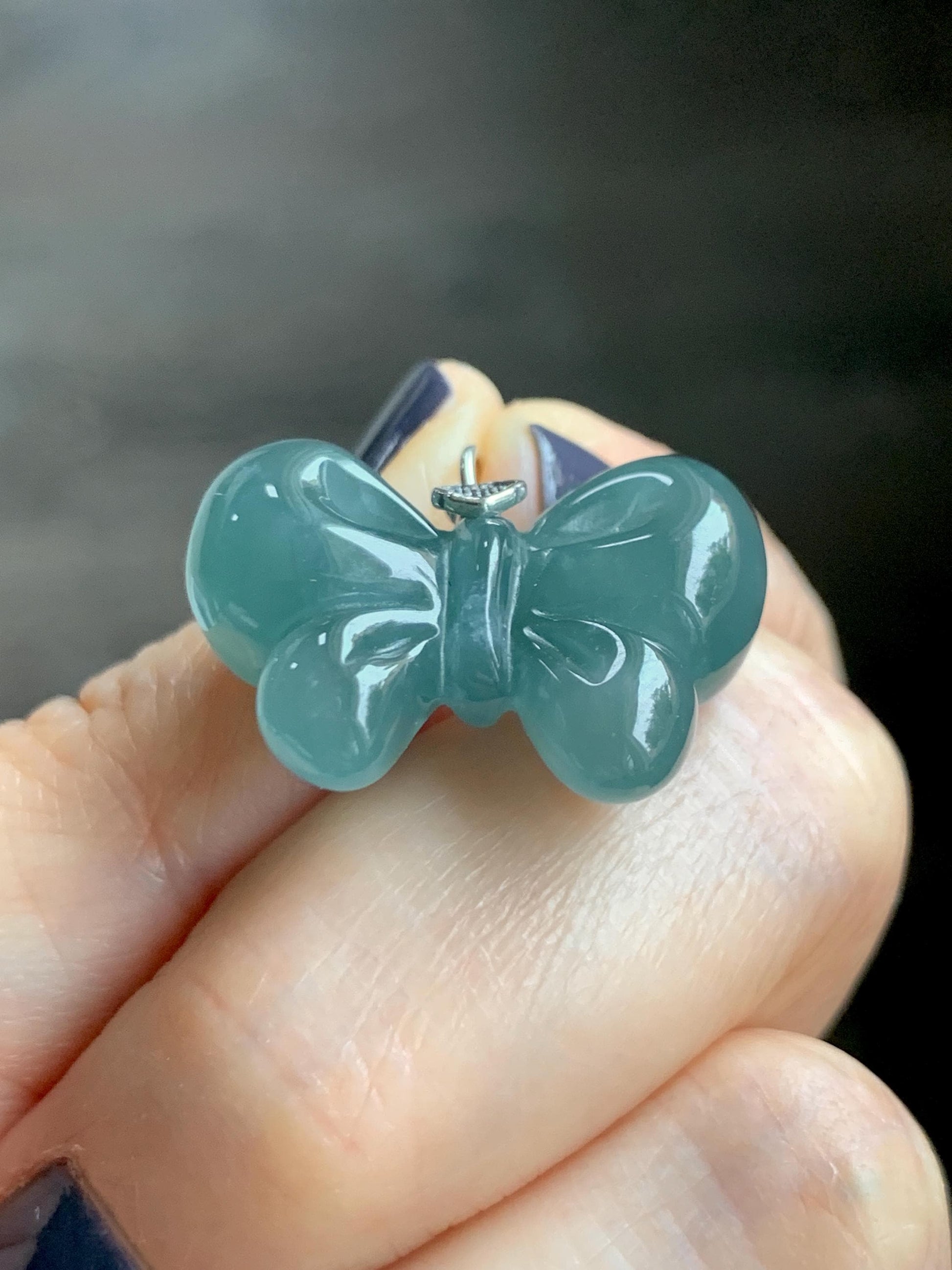 Natural Grade A Guatemalan Icy Translucent Dark Teal Blue Jade Jadeite Puffy Bow Pendant Sterling Silver 6g 天然冰危深蓝翡翠蝴蝶结吊坠 WHD220B