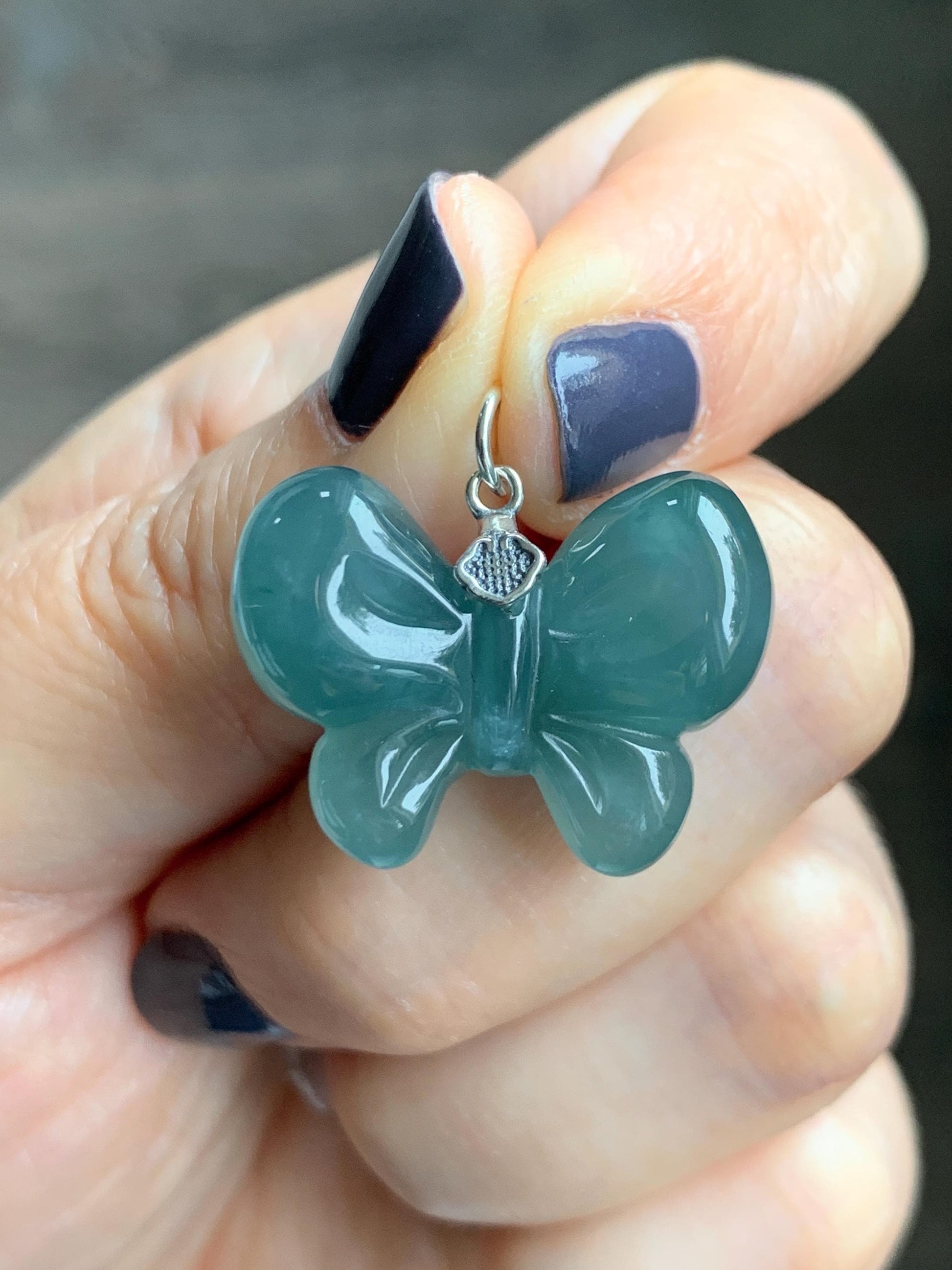 Natural Grade A Guatemalan Icy Translucent Dark Teal Blue Jade Jadeite Puffy Bow Pendant Sterling Silver 6g 天然冰危深蓝翡翠蝴蝶结吊坠 WHD220B