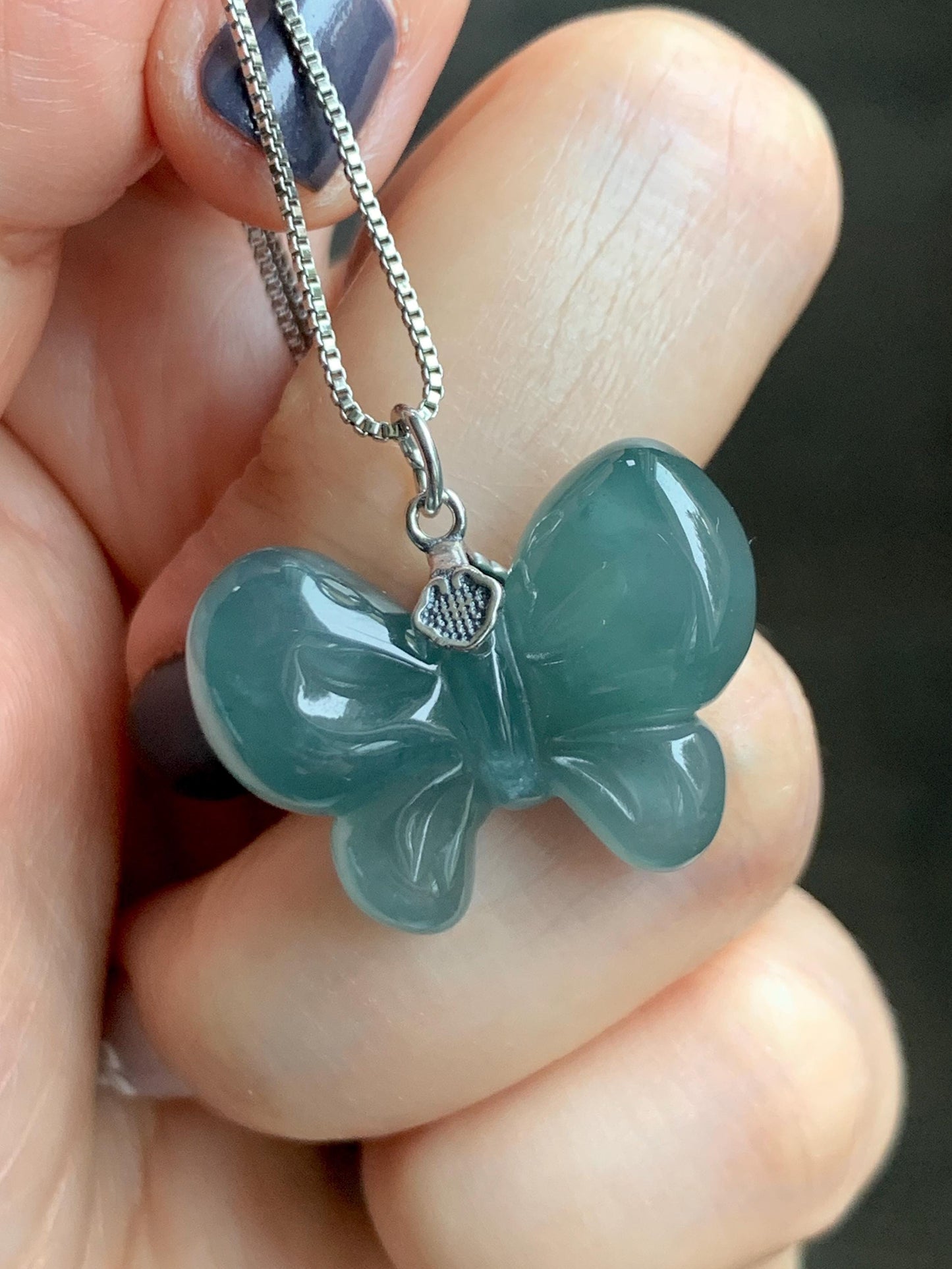 Natural Grade A Guatemalan Icy Translucent Dark Teal Blue Jade Jadeite Puffy Bow Pendant Sterling Silver 6g 天然冰危深蓝翡翠蝴蝶结吊坠 WHD220B