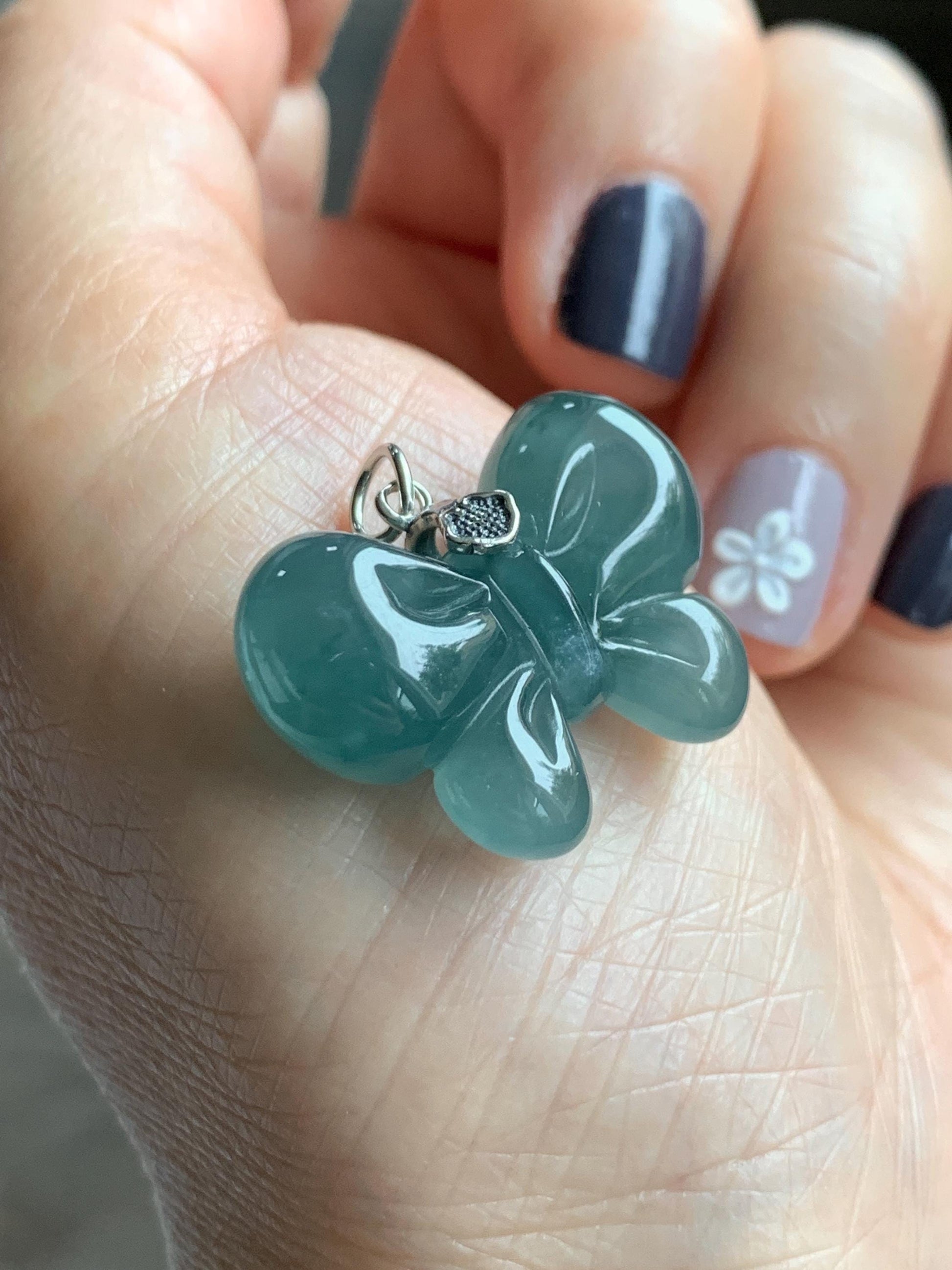 Natural Grade A Guatemalan Icy Translucent Dark Teal Blue Jade Jadeite Puffy Bow Pendant Sterling Silver 6g 天然冰危深蓝翡翠蝴蝶结吊坠 WHD220B