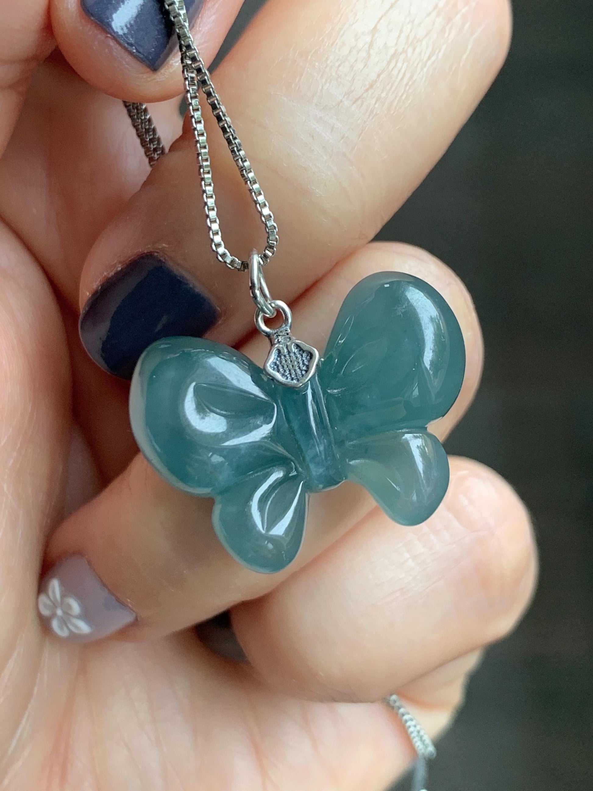 Natural Grade A Guatemalan Icy Translucent Dark Teal Blue Jade Jadeite Puffy Bow Pendant Sterling Silver 6g 天然冰危深蓝翡翠蝴蝶结吊坠 WHD220B