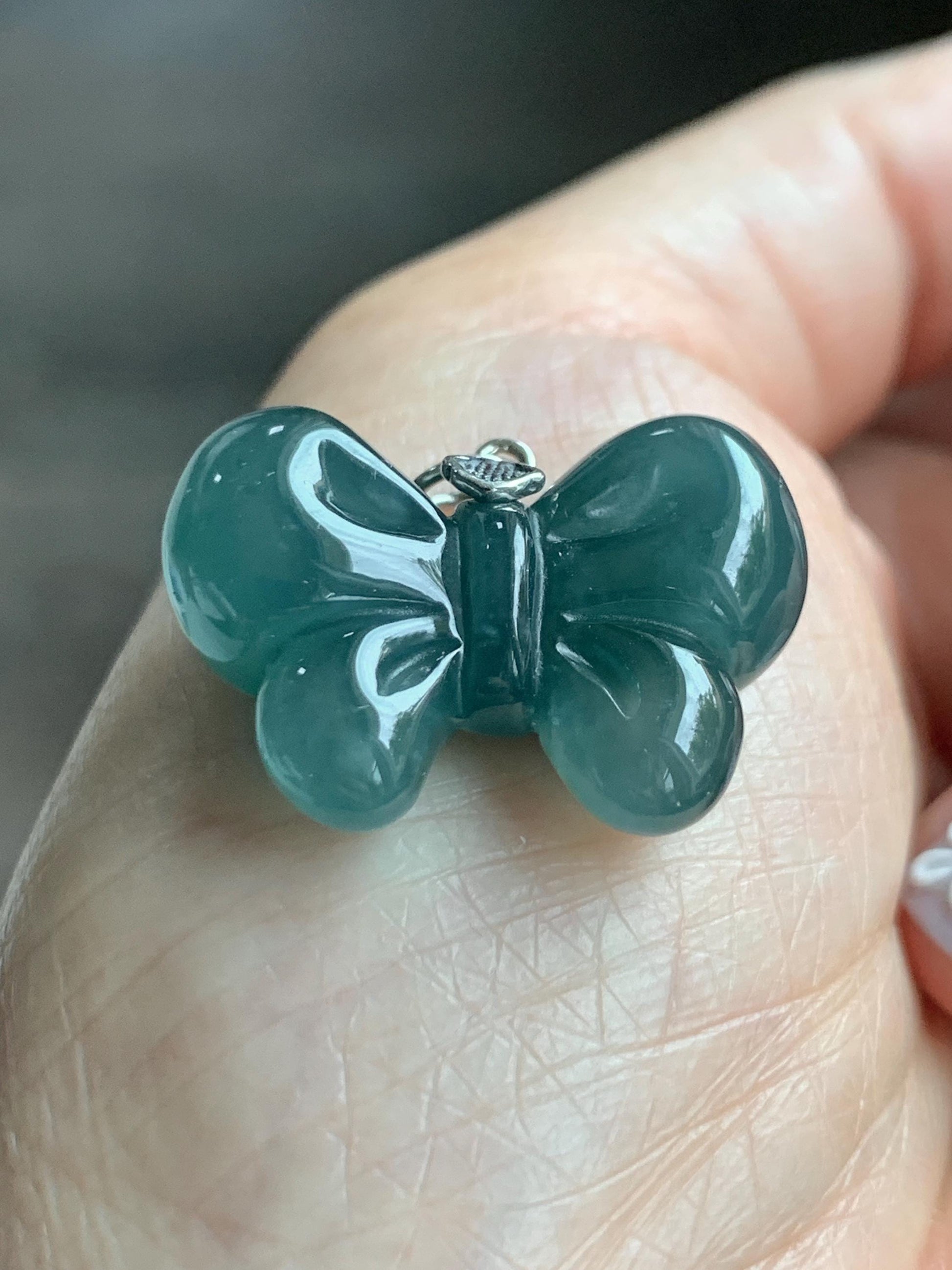 Natural Grade A Guatemalan Icy Translucent Dark Teal Blue Jade Jadeite Puffy Bow Pendant Sterling Silver 6g 天然冰危深蓝翡翠蝴蝶结吊坠 WHD220C
