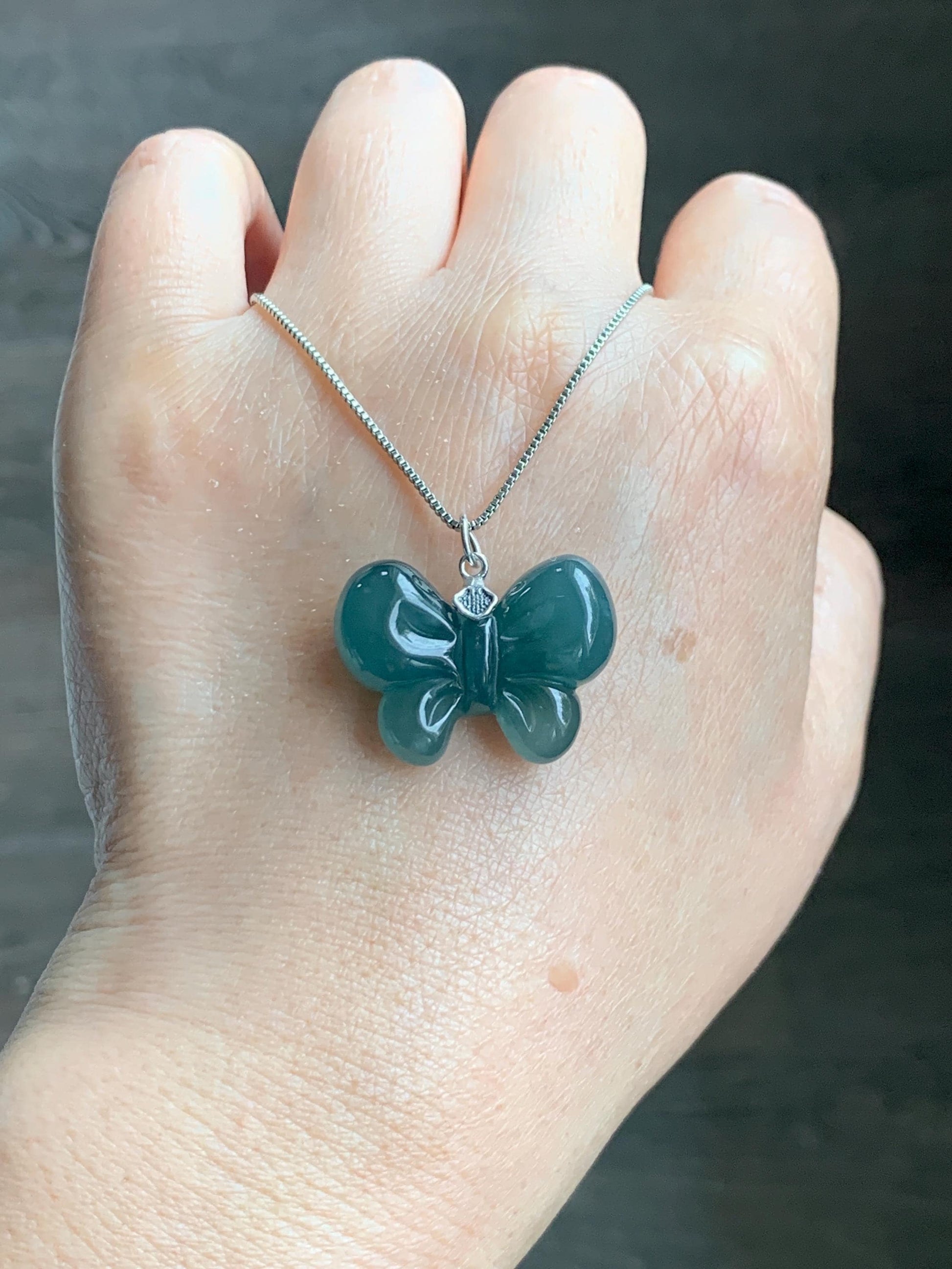 Natural Grade A Guatemalan Icy Translucent Dark Teal Blue Jade Jadeite Puffy Bow Pendant Sterling Silver 6g 天然冰危深蓝翡翠蝴蝶结吊坠 WHD220C