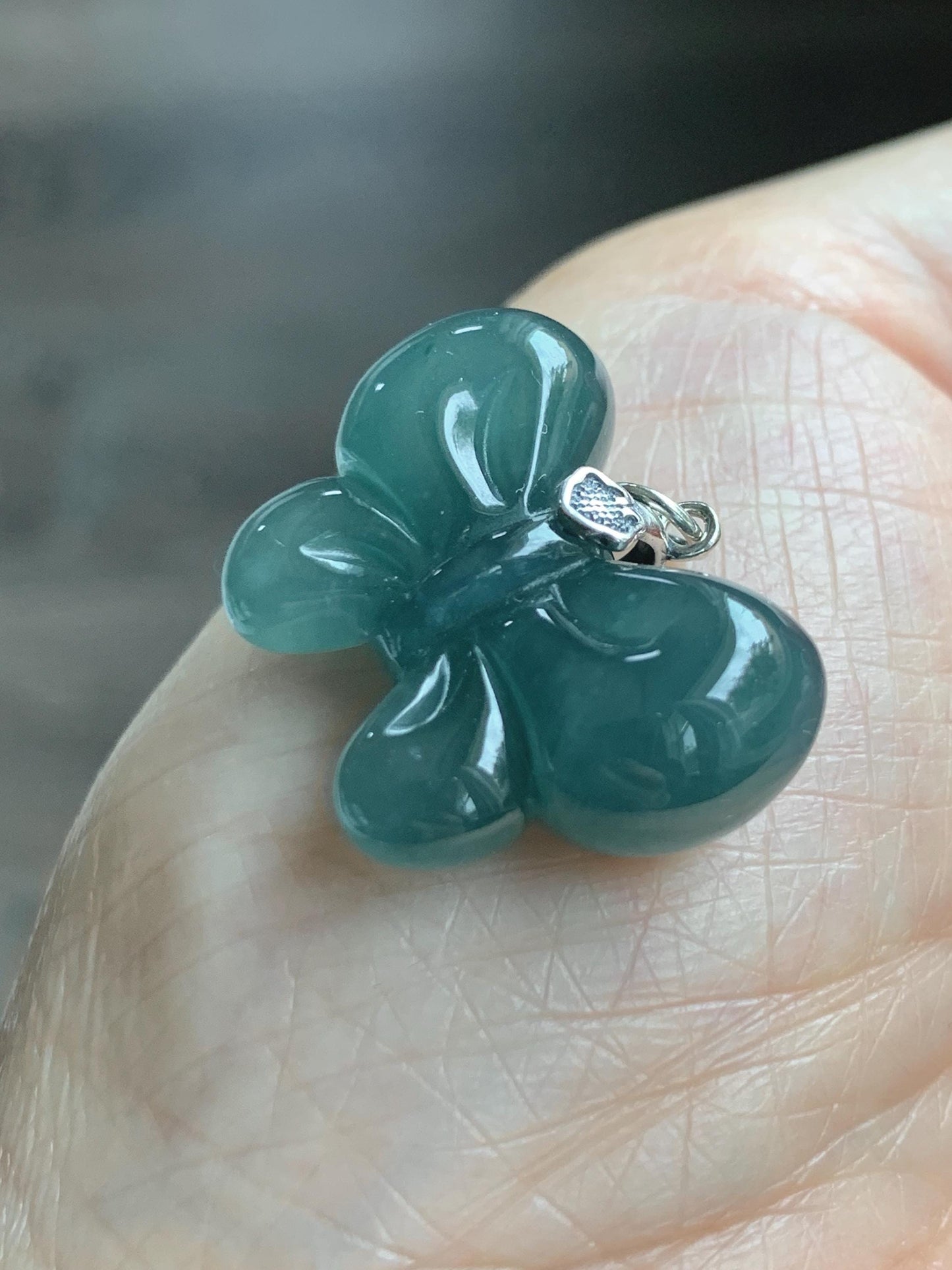 Natural Grade A Guatemalan Icy Translucent Dark Teal Blue Jade Jadeite Puffy Bow Pendant Sterling Silver 6g 天然冰危深蓝翡翠蝴蝶结吊坠 WHD220C