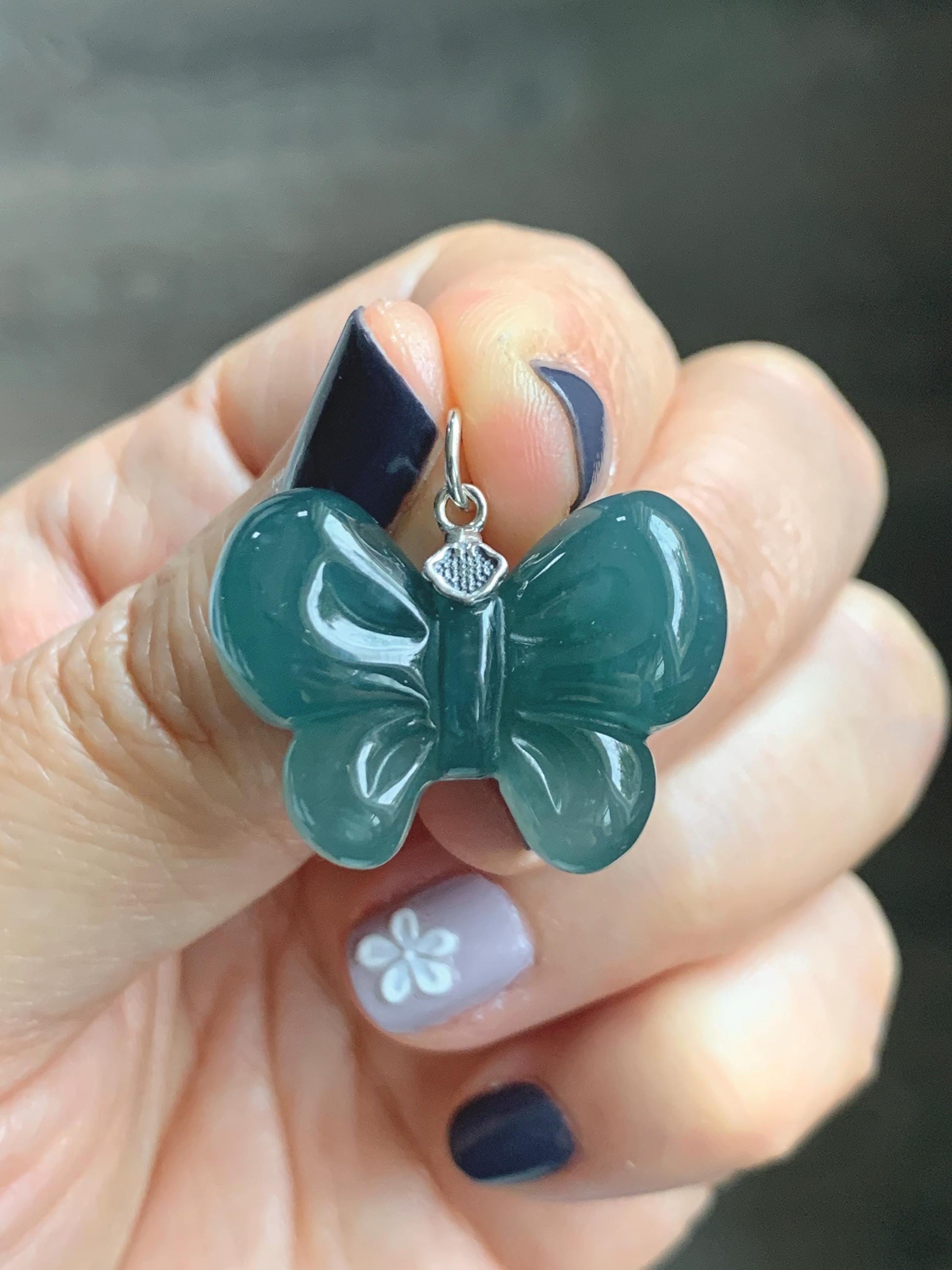 Natural Grade A Guatemalan Icy Translucent Dark Teal Blue Jade Jadeite Puffy Bow Pendant Sterling Silver 6g 天然冰危深蓝翡翠蝴蝶结吊坠 WHD220C