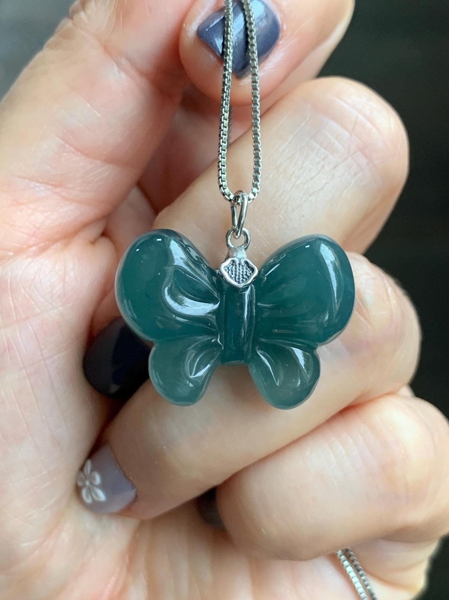 Natural Grade A Guatemalan Icy Translucent Dark Teal Blue Jade Jadeite Puffy Bow Pendant Sterling Silver 6g 天然冰危深蓝翡翠蝴蝶结吊坠 WHD220C