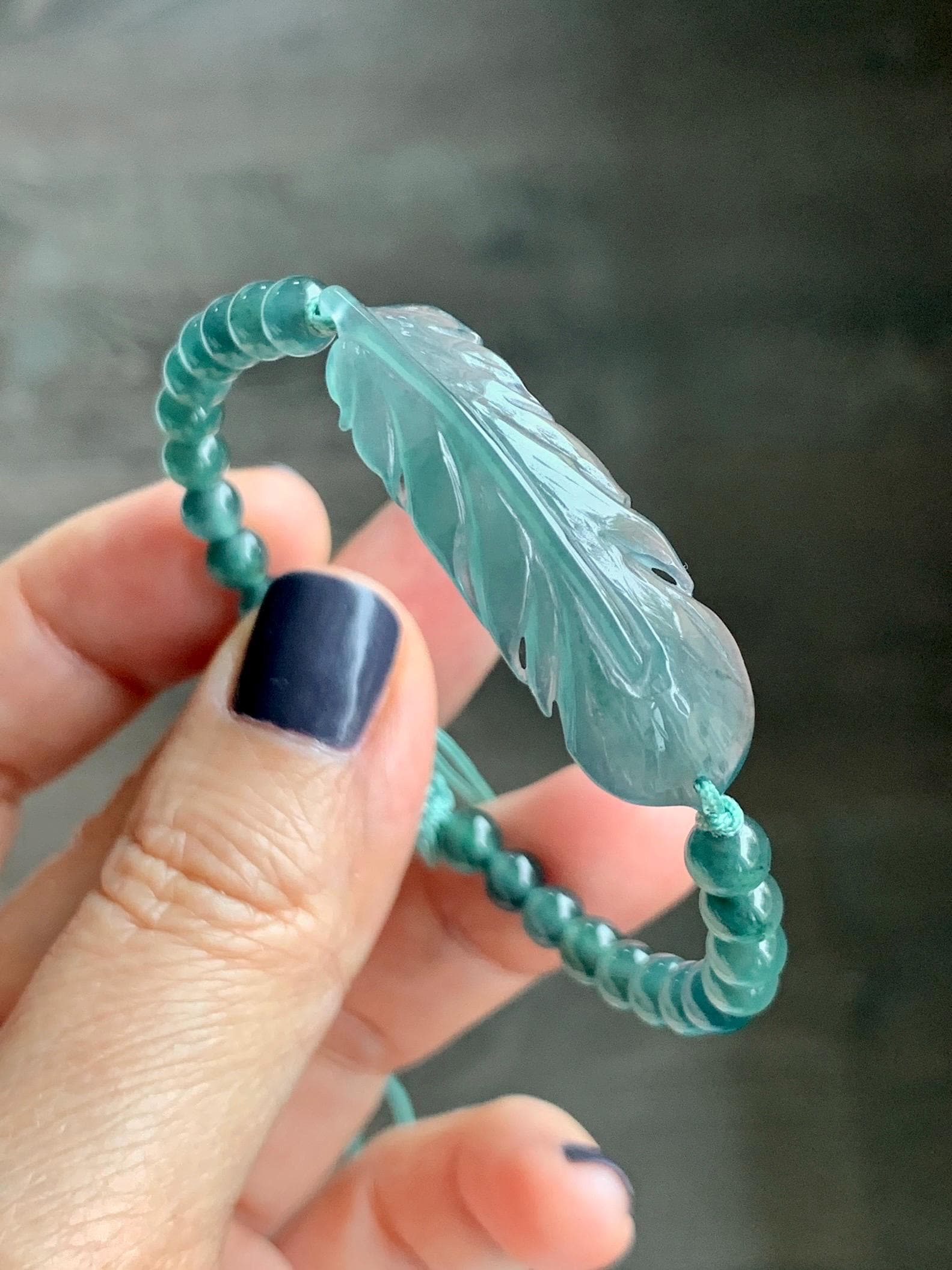 Natural Grade A Guatemalan Icy Highly Translucent Dark Teal Blue Jade Jadeite Feather Cuff Beaded Bracelet 6.75” 8g 天然冰危蓝绿翡翠羽毛圆珠手串 WYM196