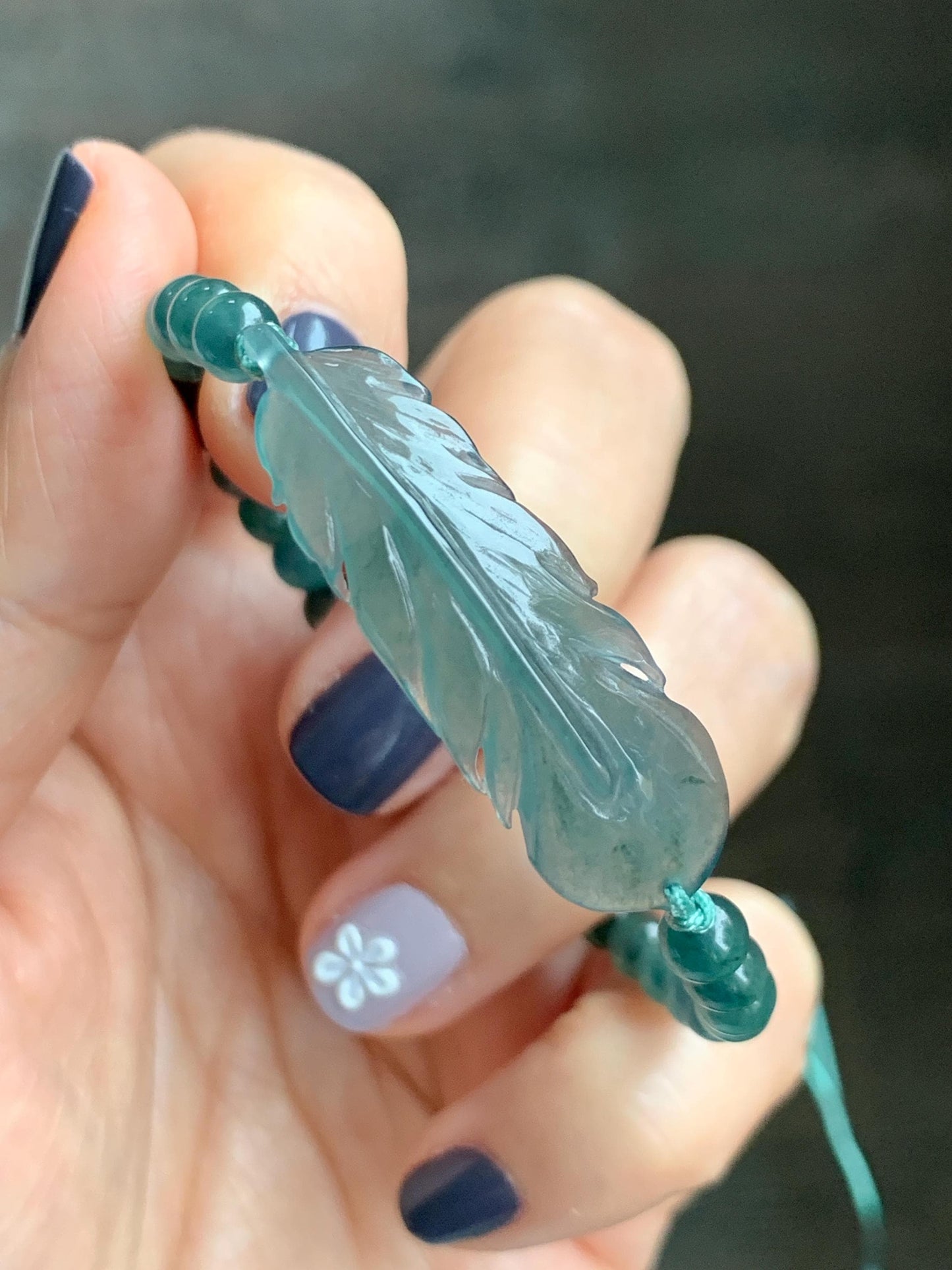 Natural Grade A Guatemalan Icy Highly Translucent Dark Teal Blue Jade Jadeite Feather Cuff Beaded Bracelet 6.75” 8g 天然冰危蓝绿翡翠羽毛圆珠手串 WYM196