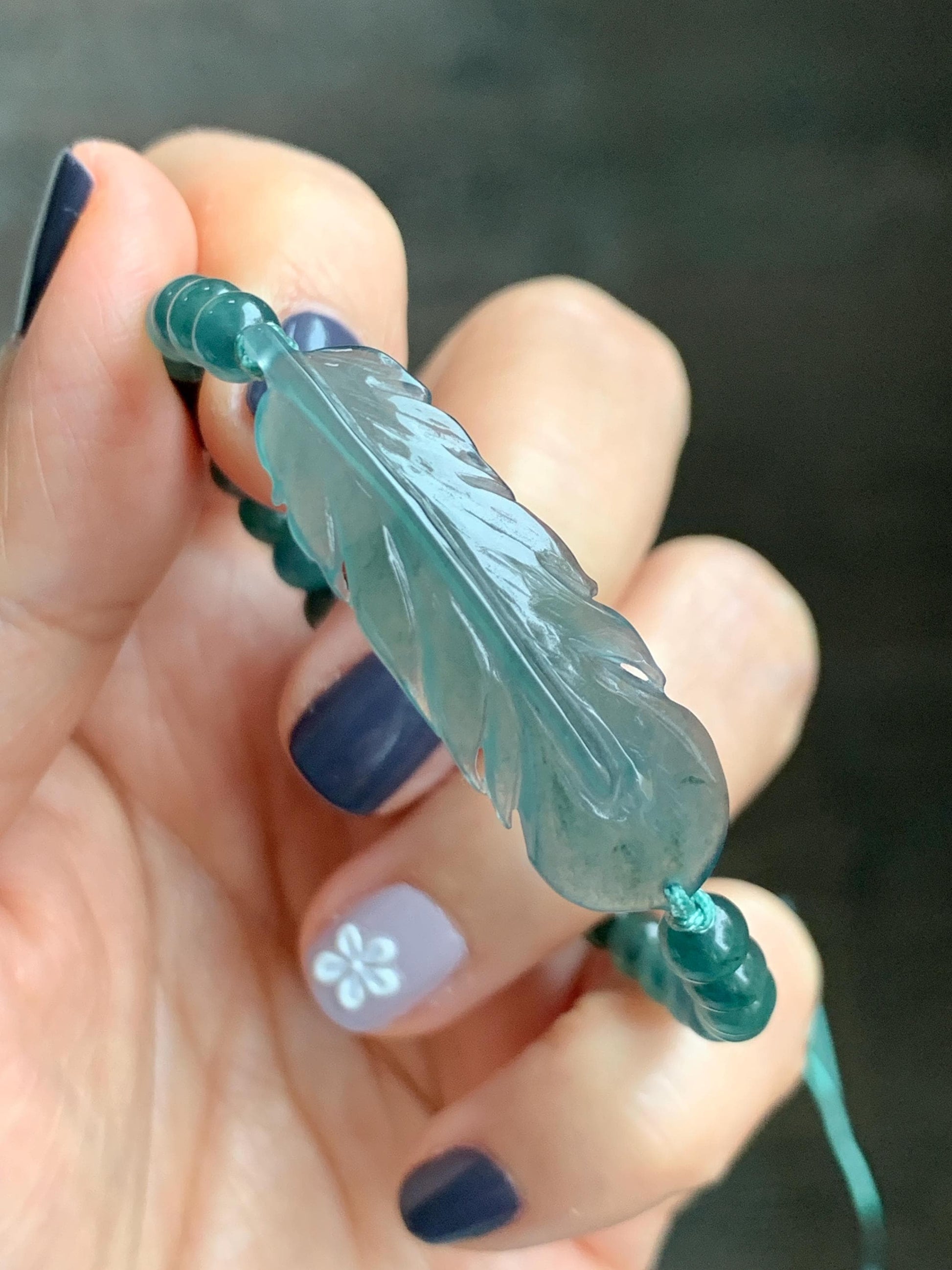 Natural Grade A Guatemalan Icy Highly Translucent Dark Teal Blue Jade Jadeite Feather Cuff Beaded Bracelet 6.75” 8g 天然冰危蓝绿翡翠羽毛圆珠手串 WYM196