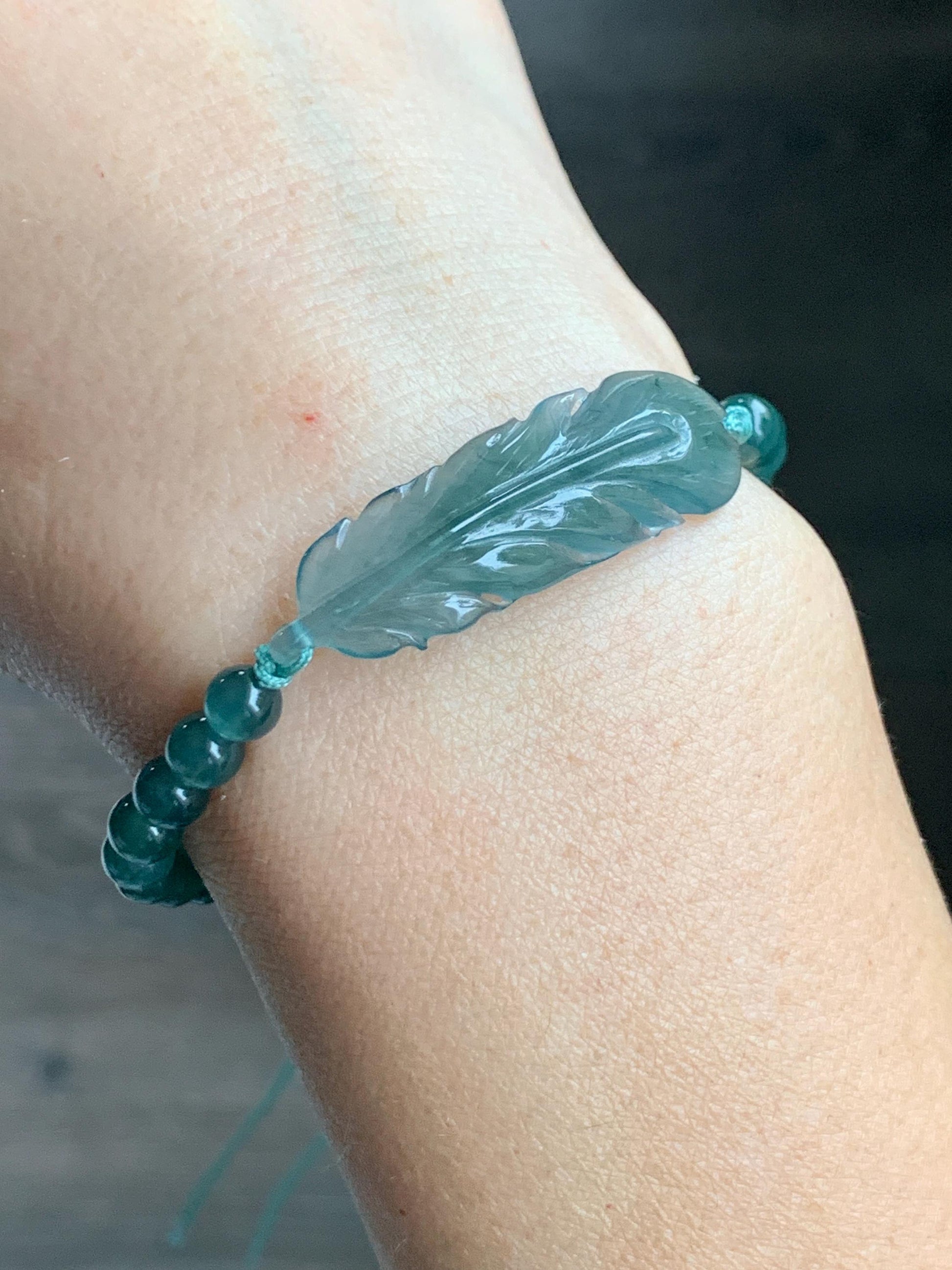 Natural Grade A Guatemalan Icy Highly Translucent Dark Teal Blue Jade Jadeite Feather Cuff Beaded Bracelet 6.75” 8g 天然冰危蓝绿翡翠羽毛圆珠手串 WYM196