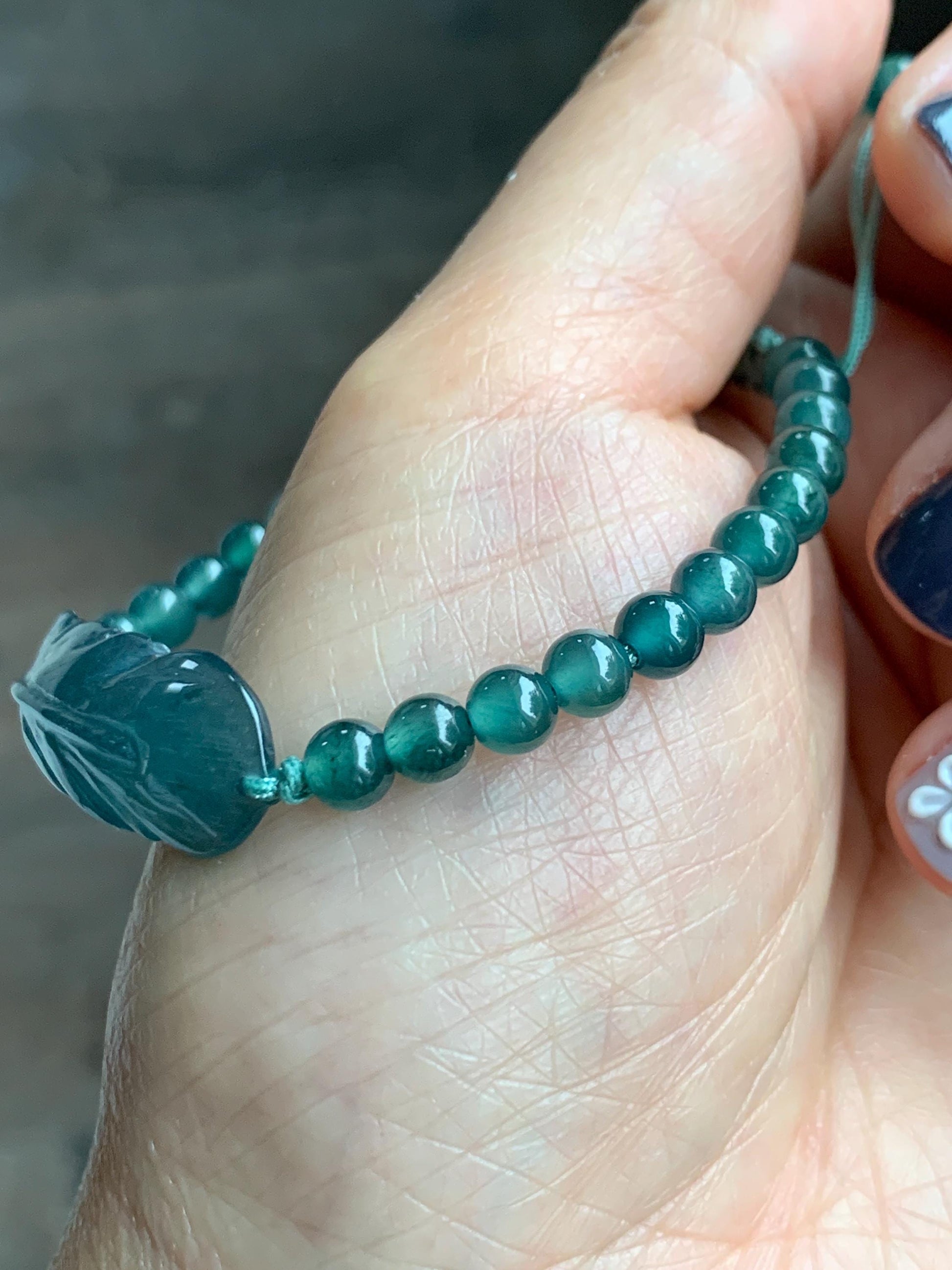 Natural Grade A Guatemalan Icy Highly Translucent Dark Teal Blue Jade Jadeite Feather Cuff Beaded Bracelet 6.75” 8g 天然冰危蓝绿翡翠羽毛圆珠手串 WYM196