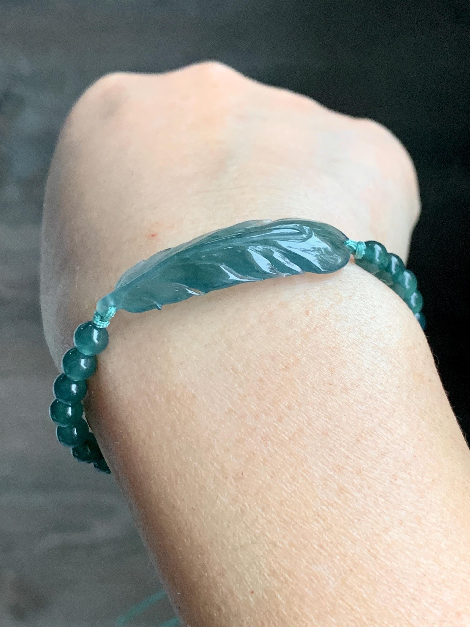 Natural Grade A Guatemalan Icy Highly Translucent Dark Teal Blue Jade Jadeite Feather Cuff Beaded Bracelet 6.75” 8g 天然冰危蓝绿翡翠羽毛圆珠手串 WYM196