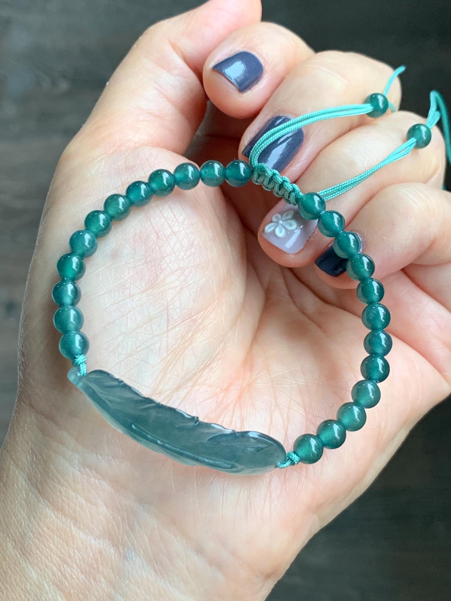 Natural Grade A Guatemalan Icy Highly Translucent Dark Teal Blue Jade Jadeite Feather Cuff Beaded Bracelet 6.75” 8g 天然冰危蓝绿翡翠羽毛圆珠手串 WYM196
