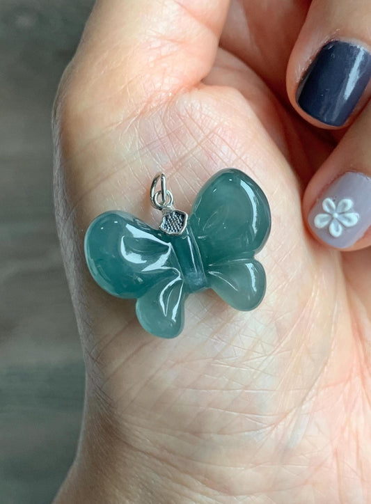 Natural Grade A Guatemalan Icy Translucent Dark Teal Blue Jade Jadeite Puffy Bow Pendant Sterling Silver 6g 天然冰危深蓝翡翠蝴蝶结吊坠 WHD220B