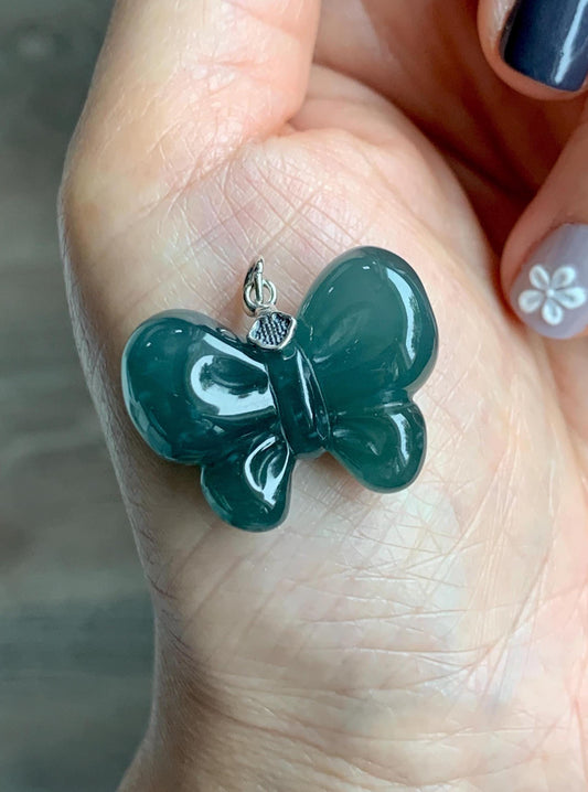 Natural Grade A Guatemalan Icy Translucent Dark Teal Blue Jade Jadeite Puffy Bow Pendant Sterling Silver 8g 天然冰危深蓝翡翠蝴蝶结吊坠 WHD220A