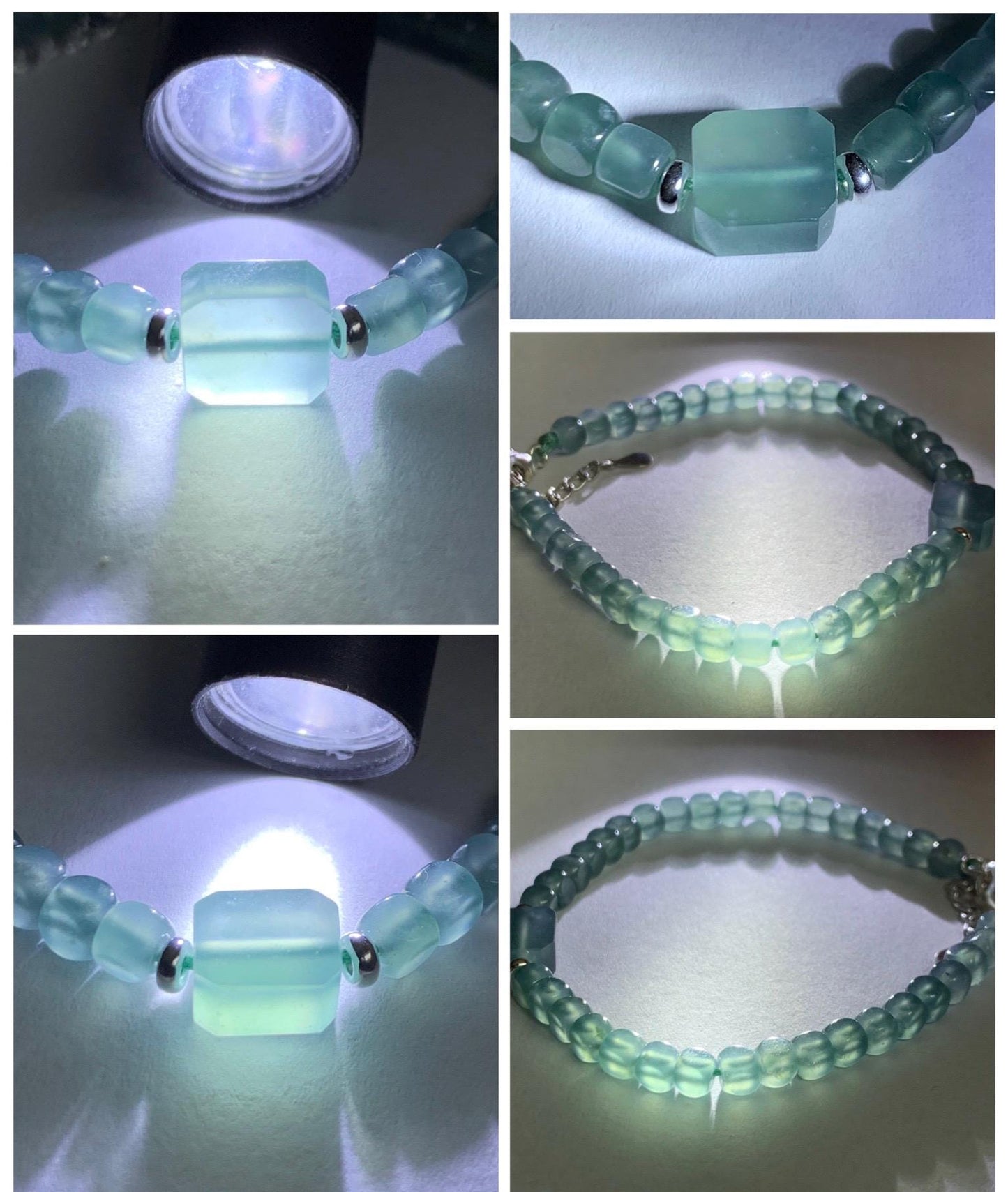 Natural Grade A Guatemalan Icy Highly Translucent Light Teal Jade Jadeite Cube Beaded Bracelet Sterling Silver 6.5-7.75” 天然冰危蓝绿翡翠方形珠手串WXF223