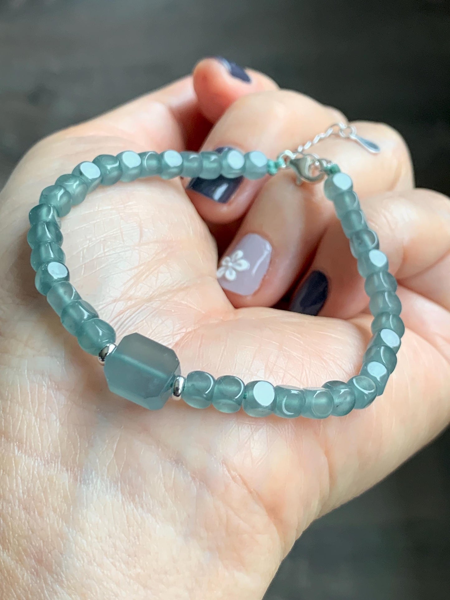 Natural Grade A Guatemalan Icy Highly Translucent Light Teal Jade Jadeite Cube Beaded Bracelet Sterling Silver 6.5-7.75” 天然冰危蓝绿翡翠方形珠手串WXF223