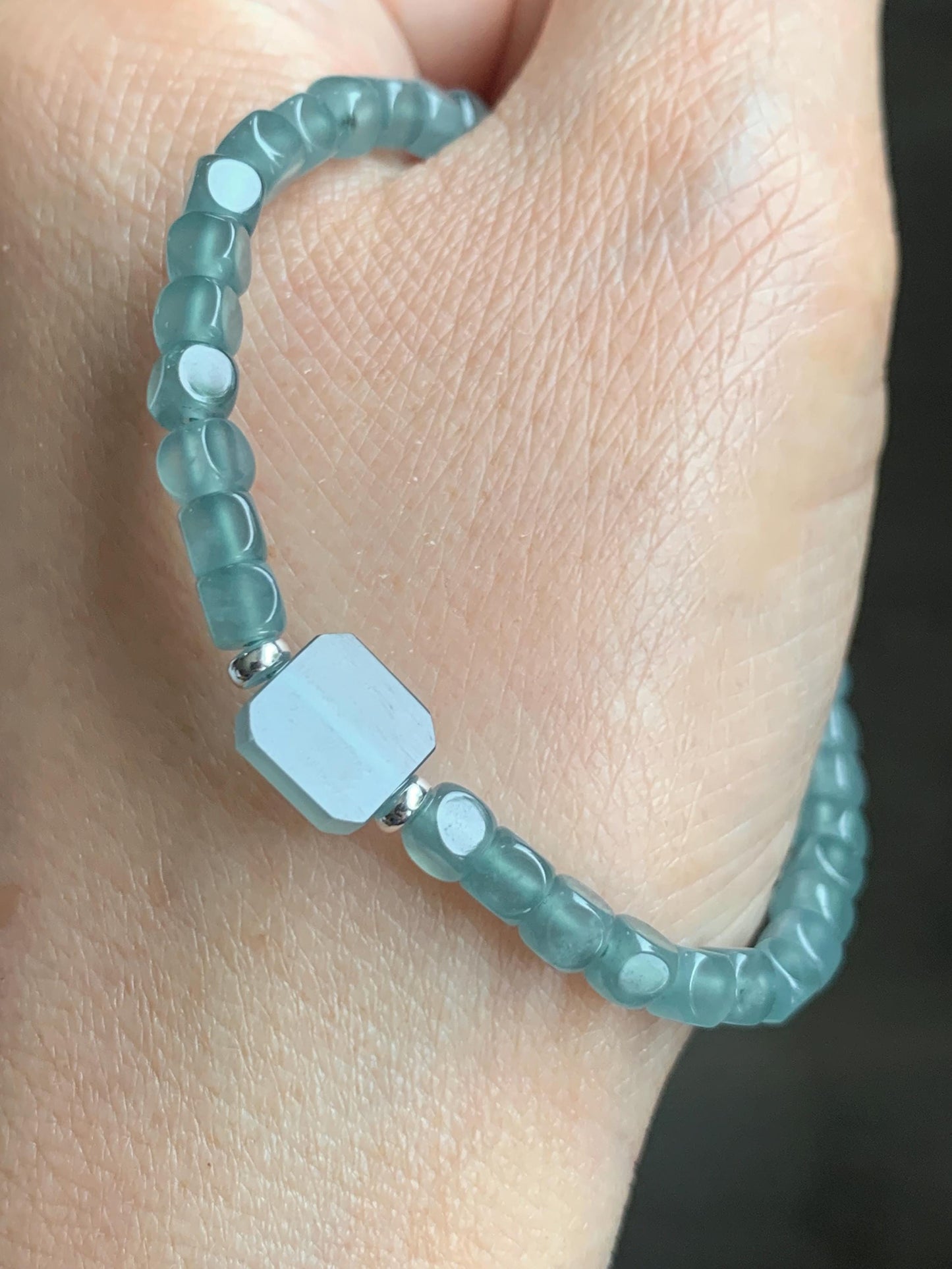 Natural Grade A Guatemalan Icy Highly Translucent Light Teal Jade Jadeite Cube Beaded Bracelet Sterling Silver 6.5-7.75” 天然冰危蓝绿翡翠方形珠手串WXF223