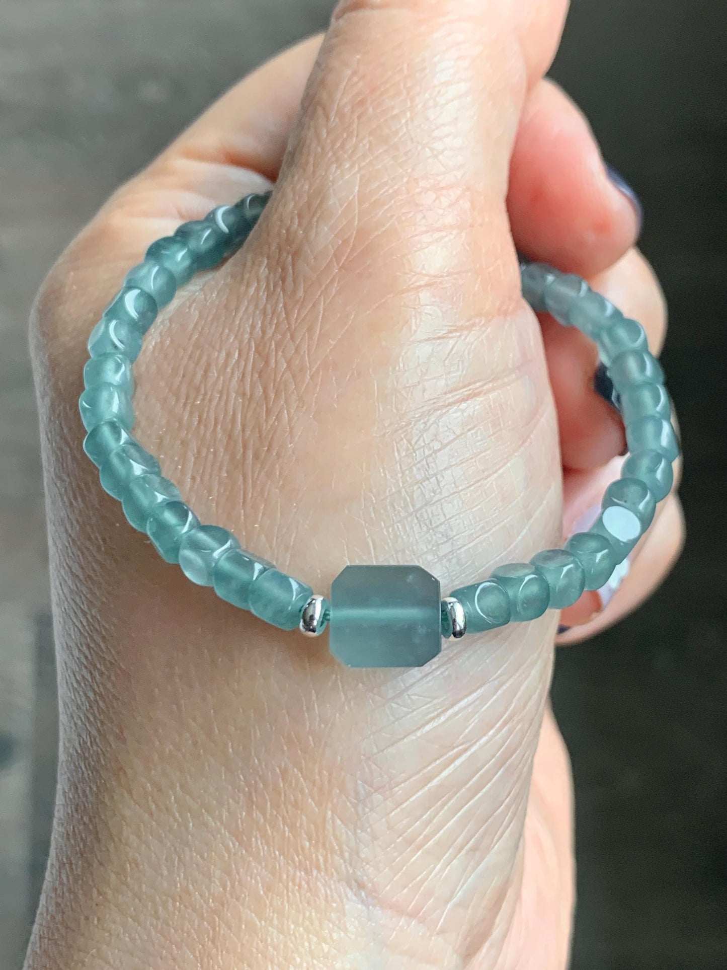 Natural Grade A Guatemalan Icy Highly Translucent Light Teal Jade Jadeite Cube Beaded Bracelet Sterling Silver 6.5-7.75” 天然冰危蓝绿翡翠方形珠手串WXF223